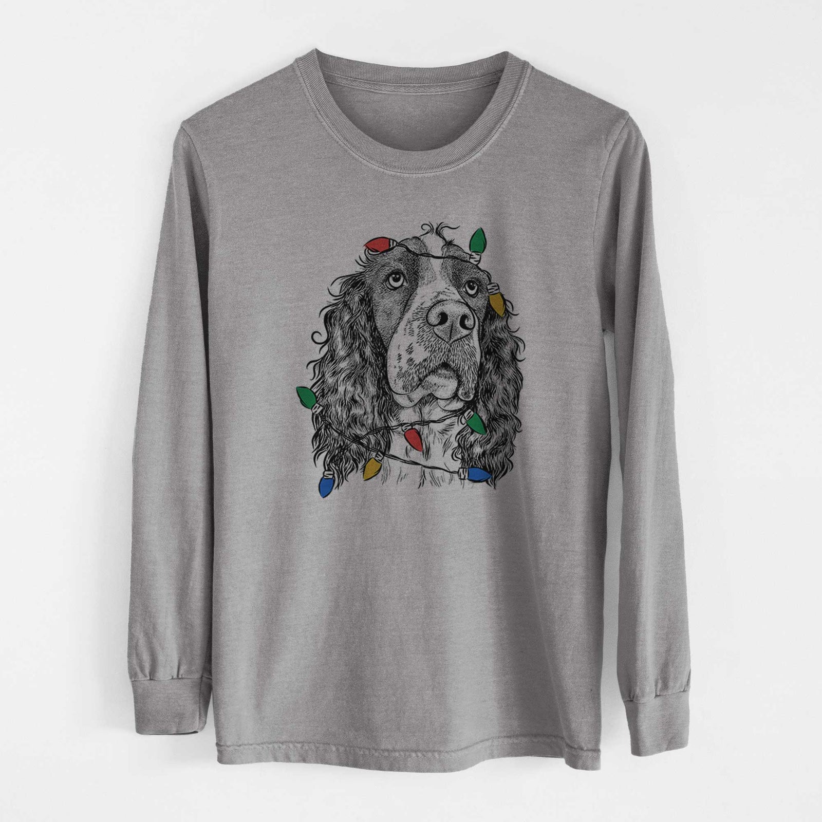 Christmas Lights Millie Mae the English Springer Spaniel - Heavyweight 100% Cotton Long Sleeve