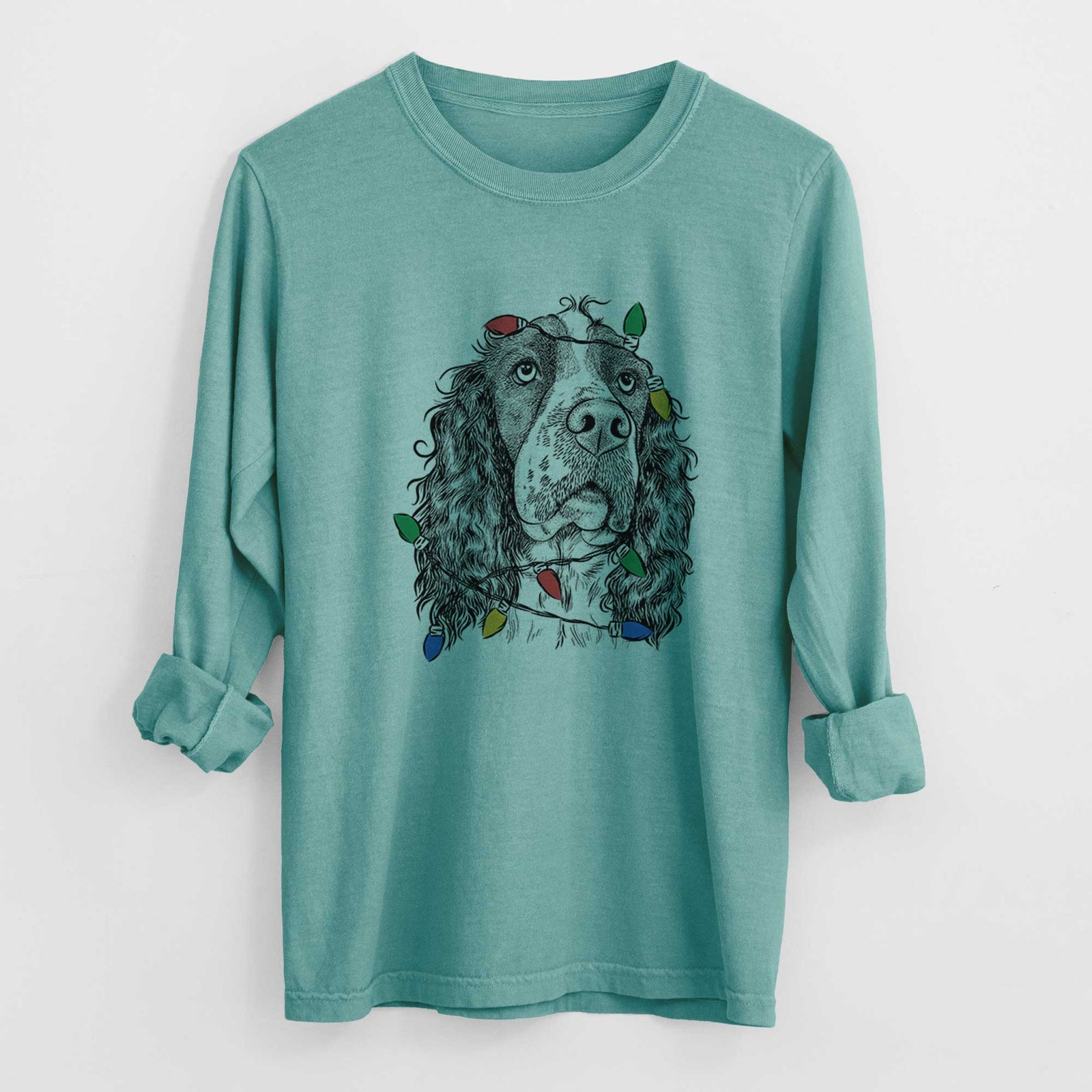 Christmas Lights Millie Mae the English Springer Spaniel - Heavyweight 100% Cotton Long Sleeve
