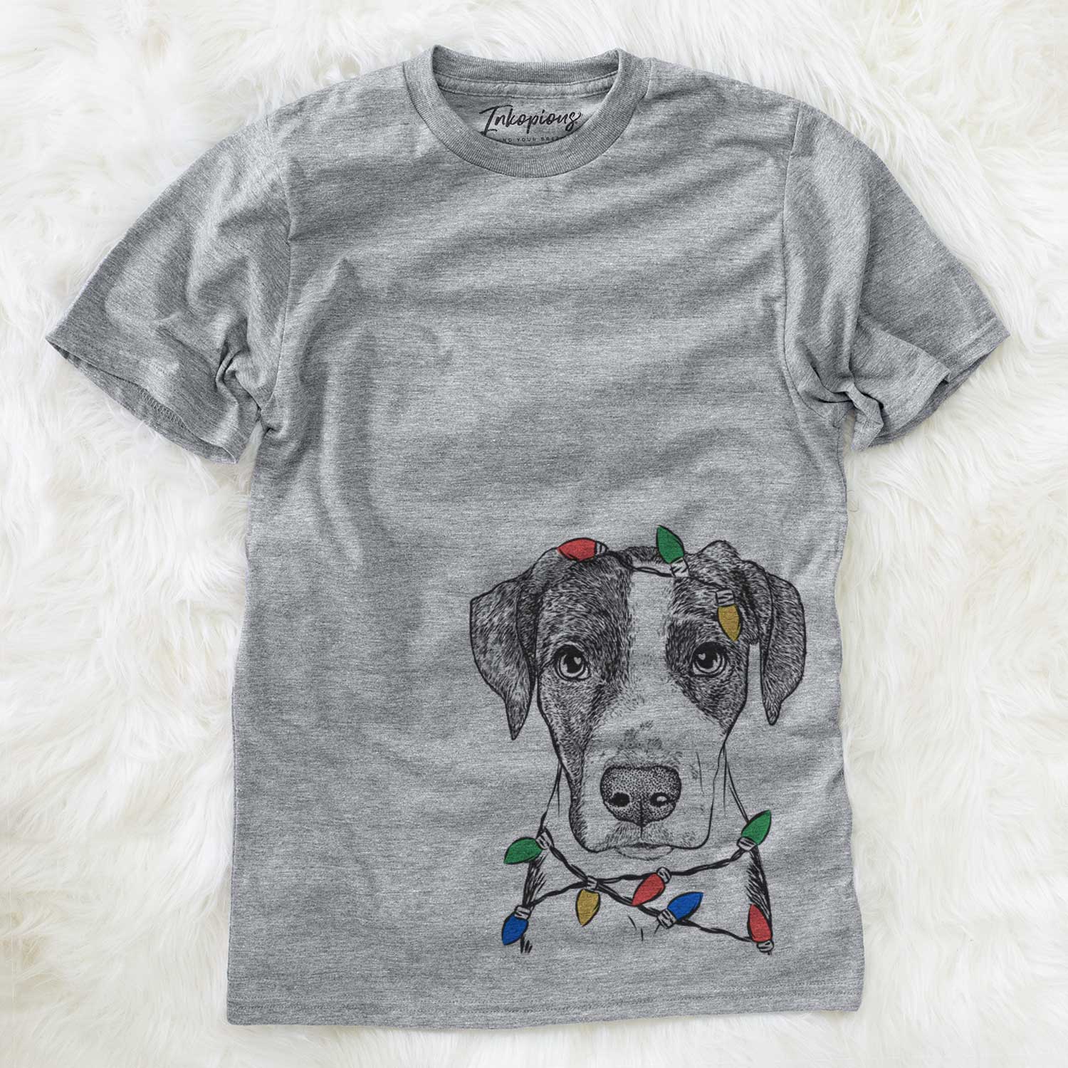 Hand-drawn sketch of Milo the Mixed Breed wrapped in Christmas lights on a Grey Unisex crewneck