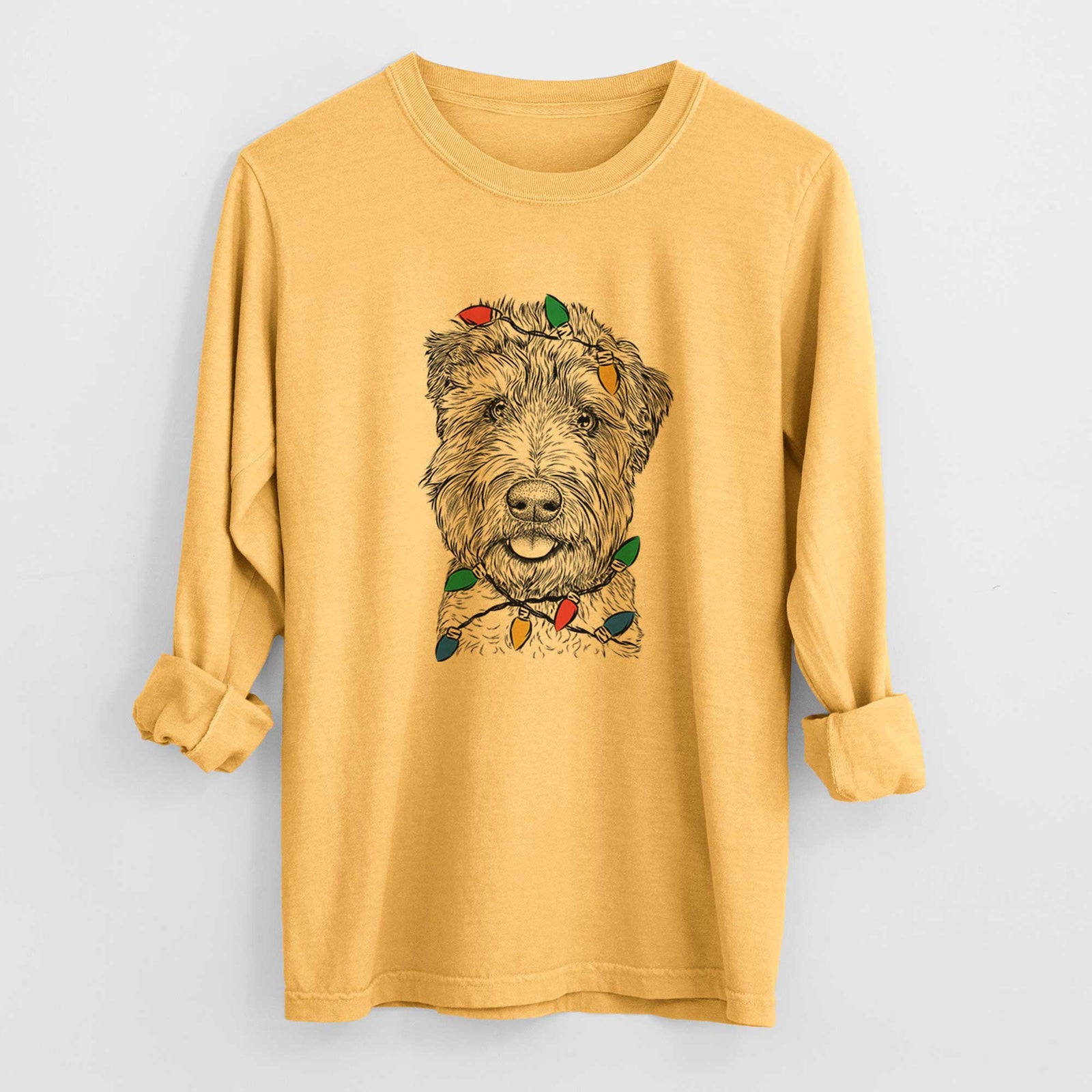 Christmas Lights Milton the Soft Coated Wheaten Terrier - Heavyweight 100% Cotton Long Sleeve