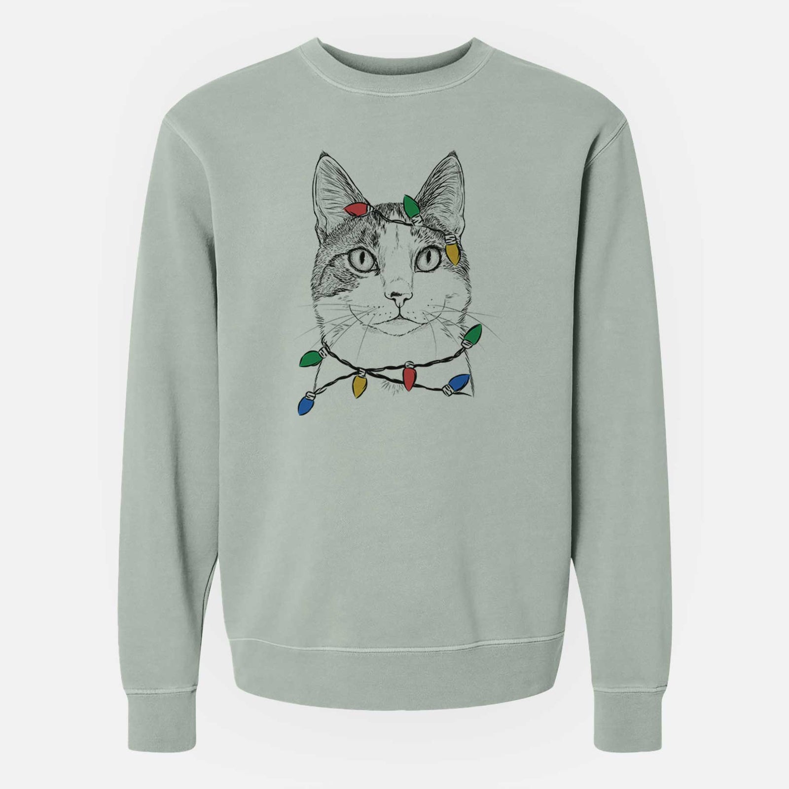 Christmas Lights Mini Griffin the Domestic Shorthair Cat - Unisex Pigment Dyed Crew Sweatshirt