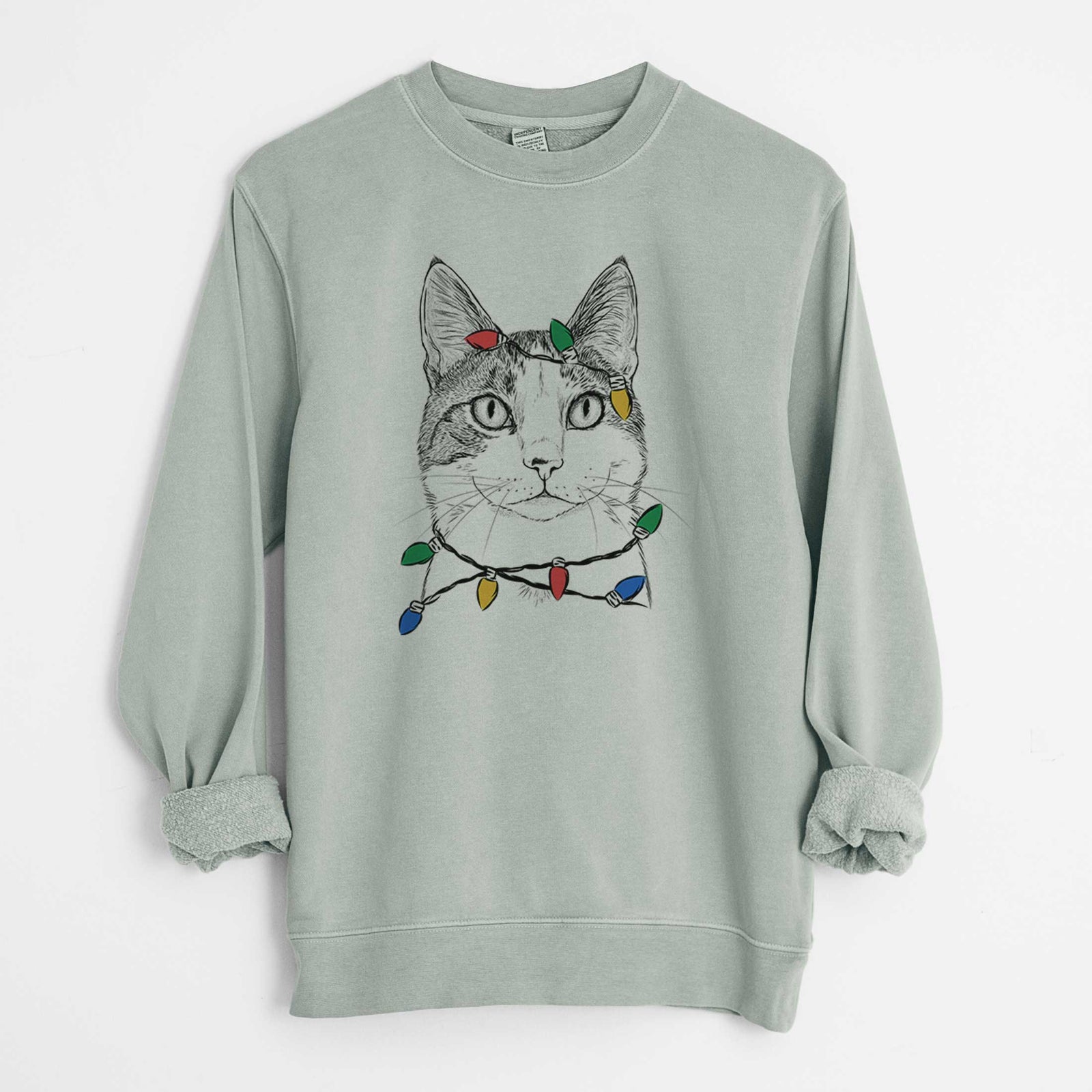 Christmas Lights Mini Griffin the Domestic Shorthair Cat - Unisex Pigment Dyed Crew Sweatshirt