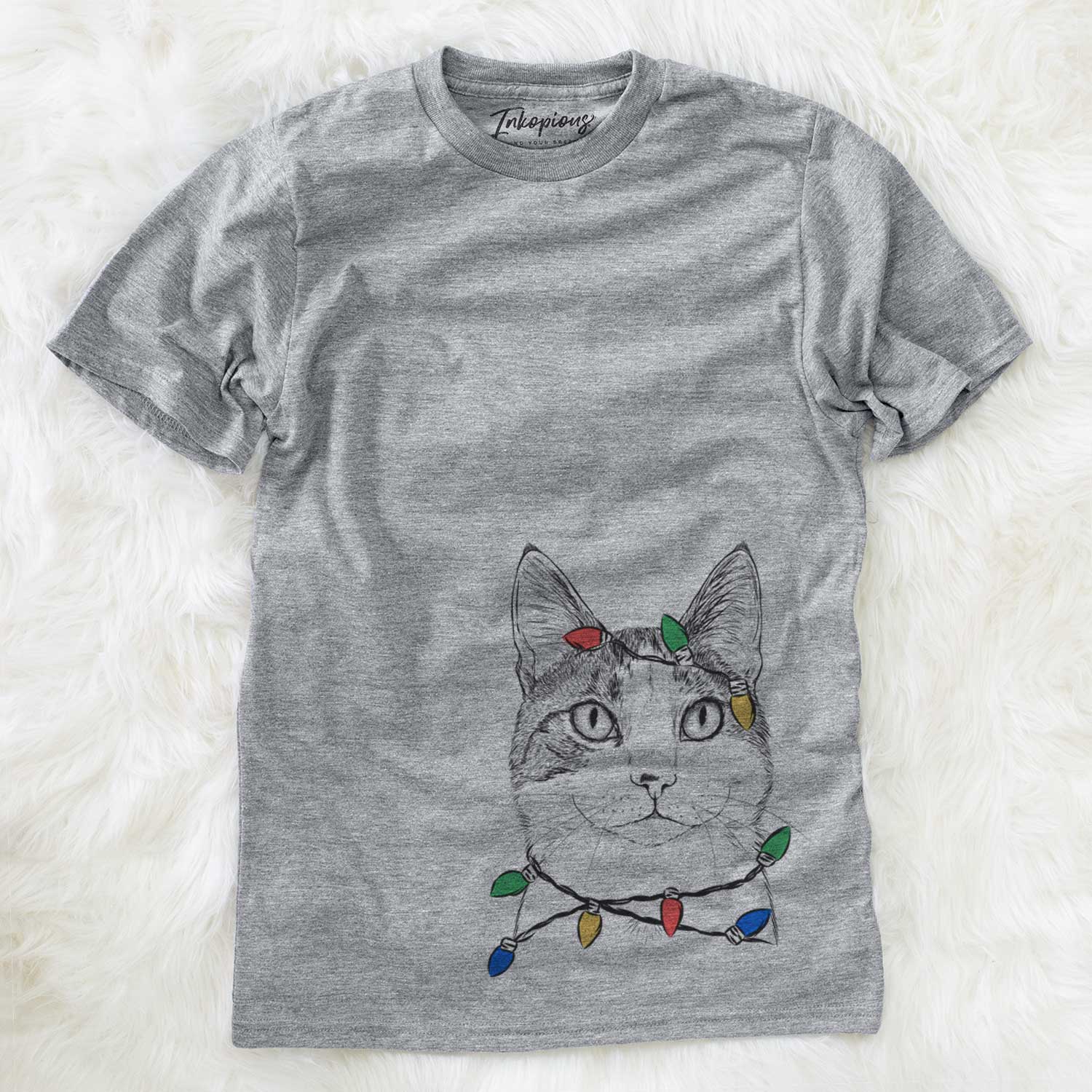 Hand-drawn sketch of Mini Griffin the Domestic Shorthair Cat wrapped in Christmas lights on a Grey Unisex crewneck