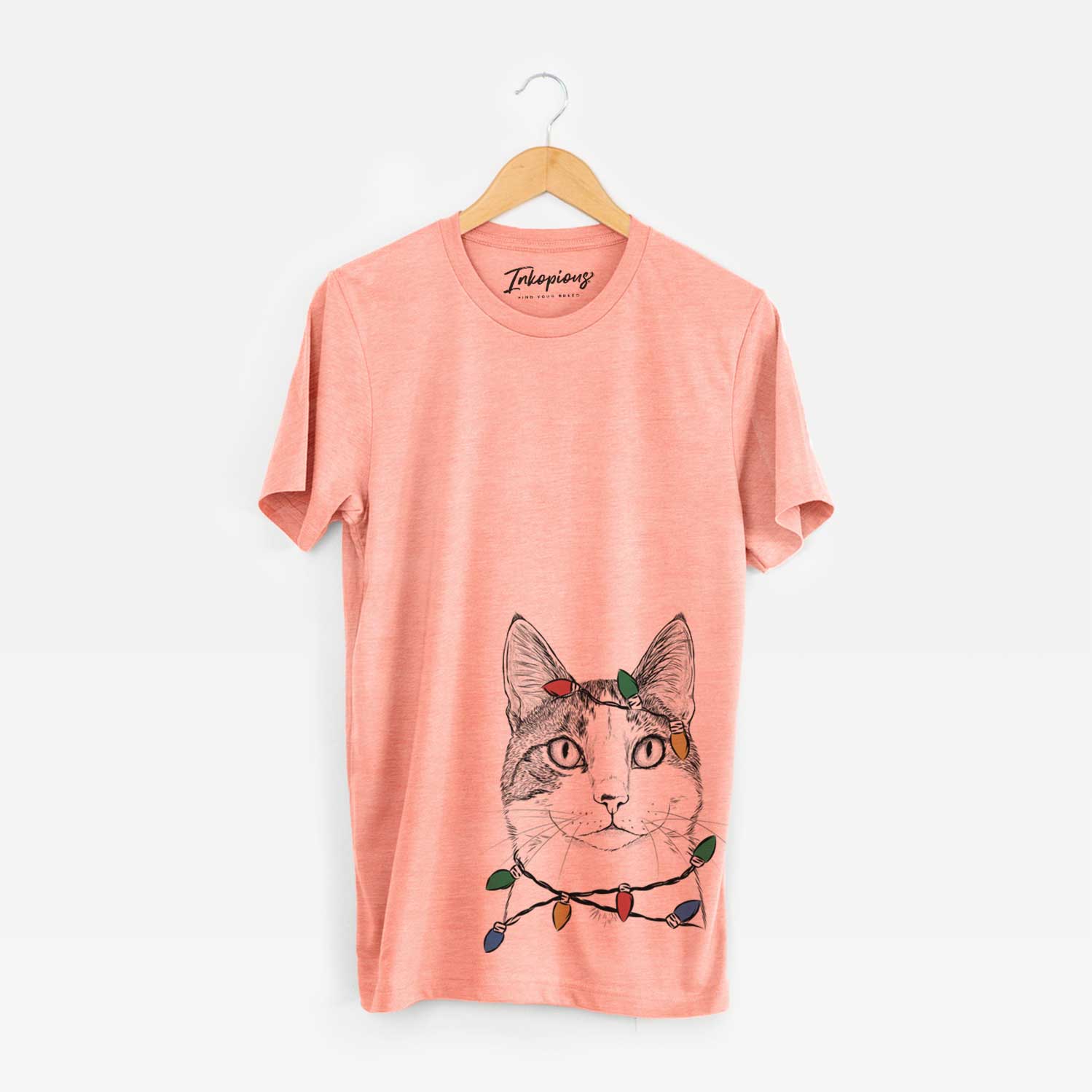 Hand-drawn sketch of Mini Griffin the Domestic Shorthair Cat wrapped in Christmas lights on a Sunset Unisex crewneck