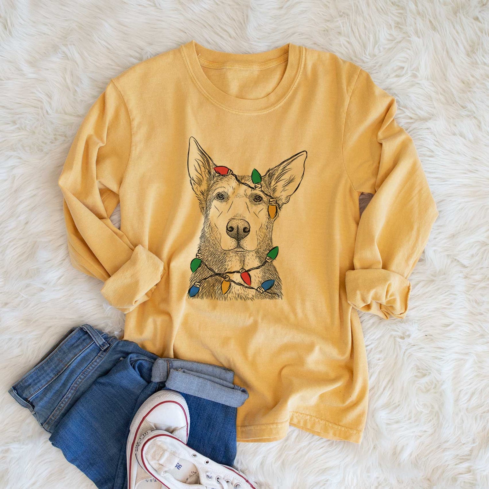 Christmas Lights Misty the German Shepherd Mix - Heavyweight 100% Cotton Long Sleeve