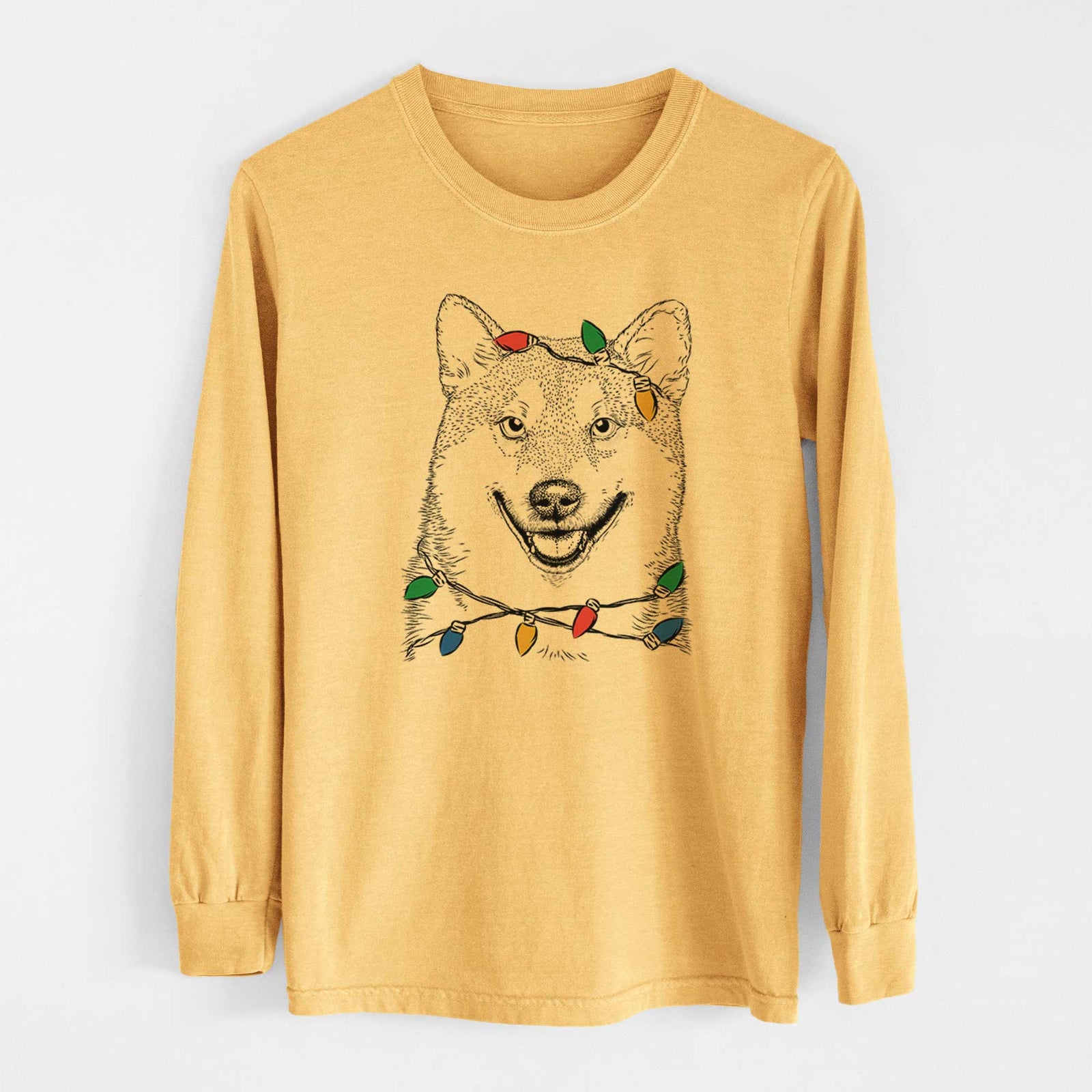 Christmas Lights Mitsu the Shiba Inu - Heavyweight 100% Cotton Long Sleeve