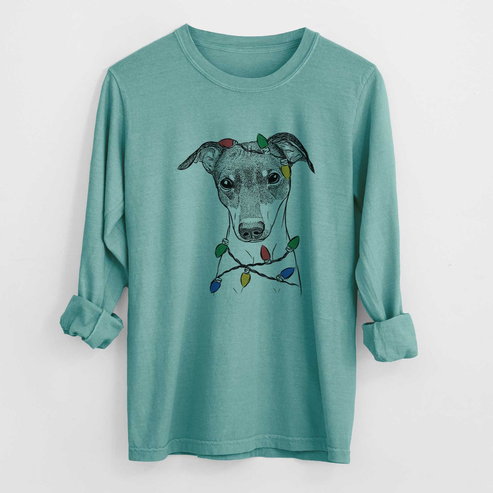 Christmas Lights Momo the Japanese Terrier - Heavyweight 100% Cotton Long Sleeve