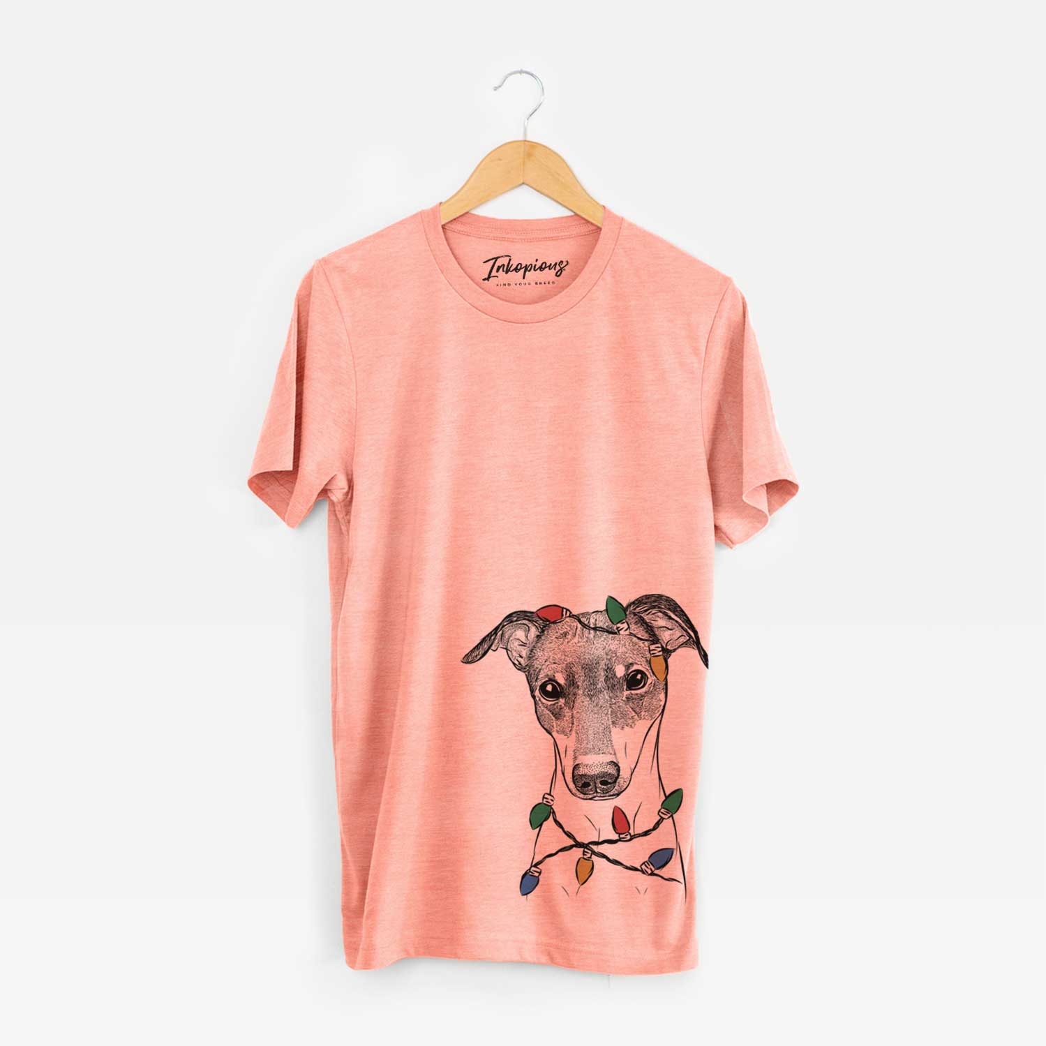 Hand-drawn sketch of Momo the Japanese Terrier wrapped in Christmas lights on a Sunset Unisex crewneck