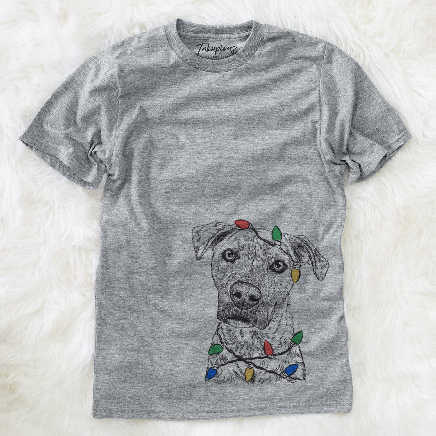 Hand-drawn sketch of Monster Baby the Pitbull Mix wrapped in Christmas lights on a Grey Unisex crewneck