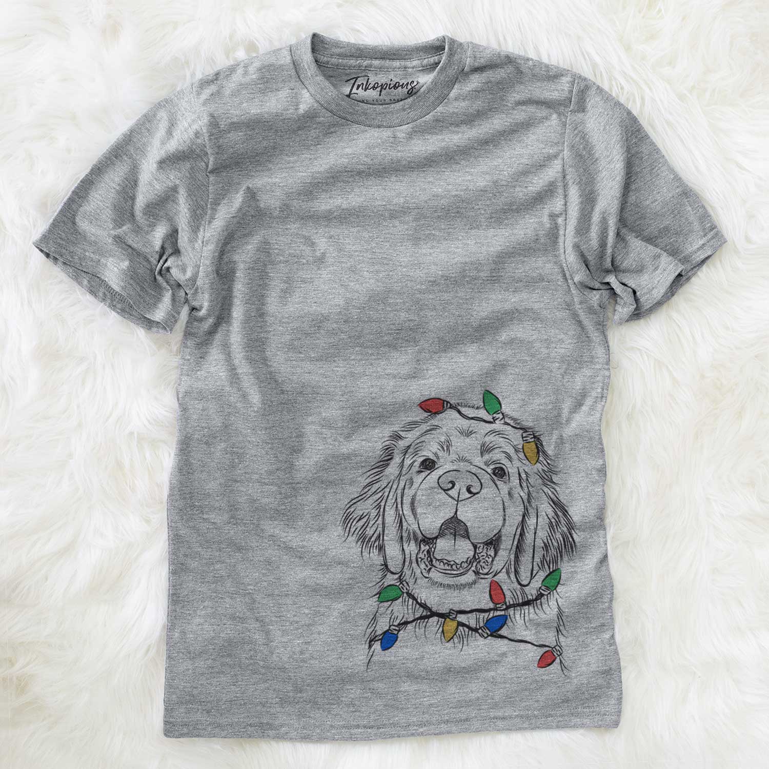 Hand-drawn sketch of Mozart the Newfoundland wrapped in Christmas lights on a Grey Unisex crewneck