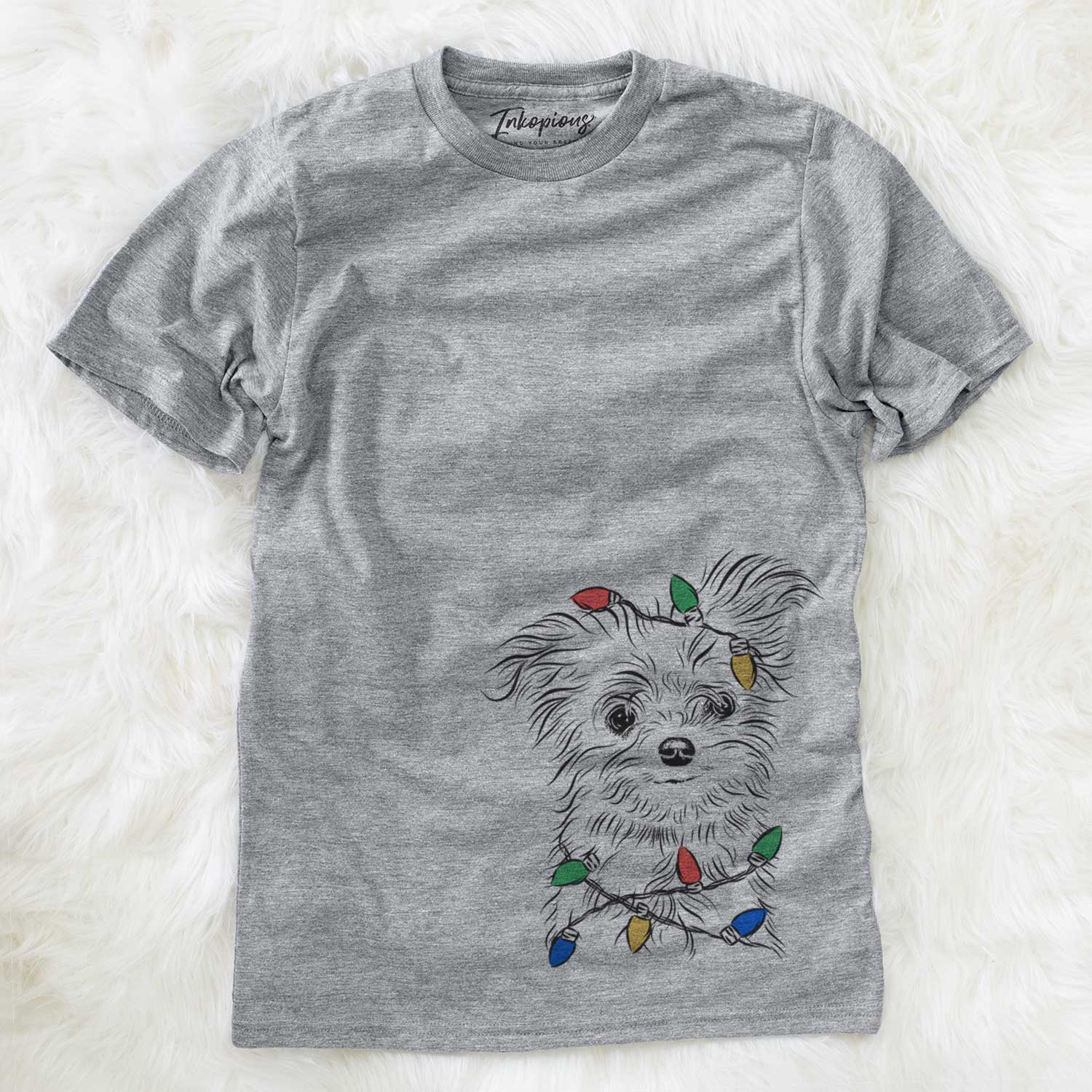 Hand-drawn sketch of Mr. Gucci Poochi the Maltese wrapped in Christmas lights on a Grey Unisex crewneck