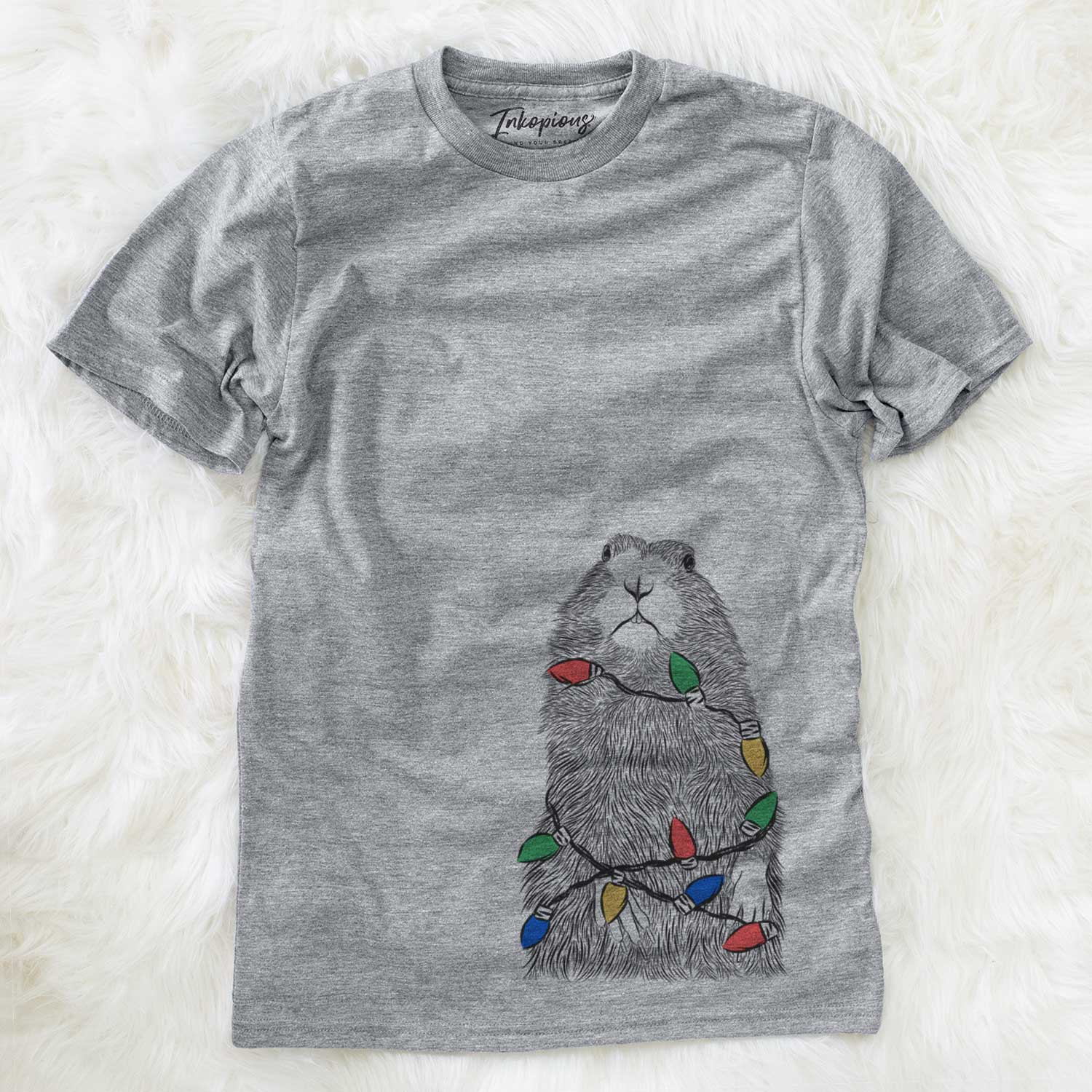 Hand-drawn sketch of Mr. Otis the Prairie Dog wrapped in Christmas lights on a Grey Unisex crewneck
