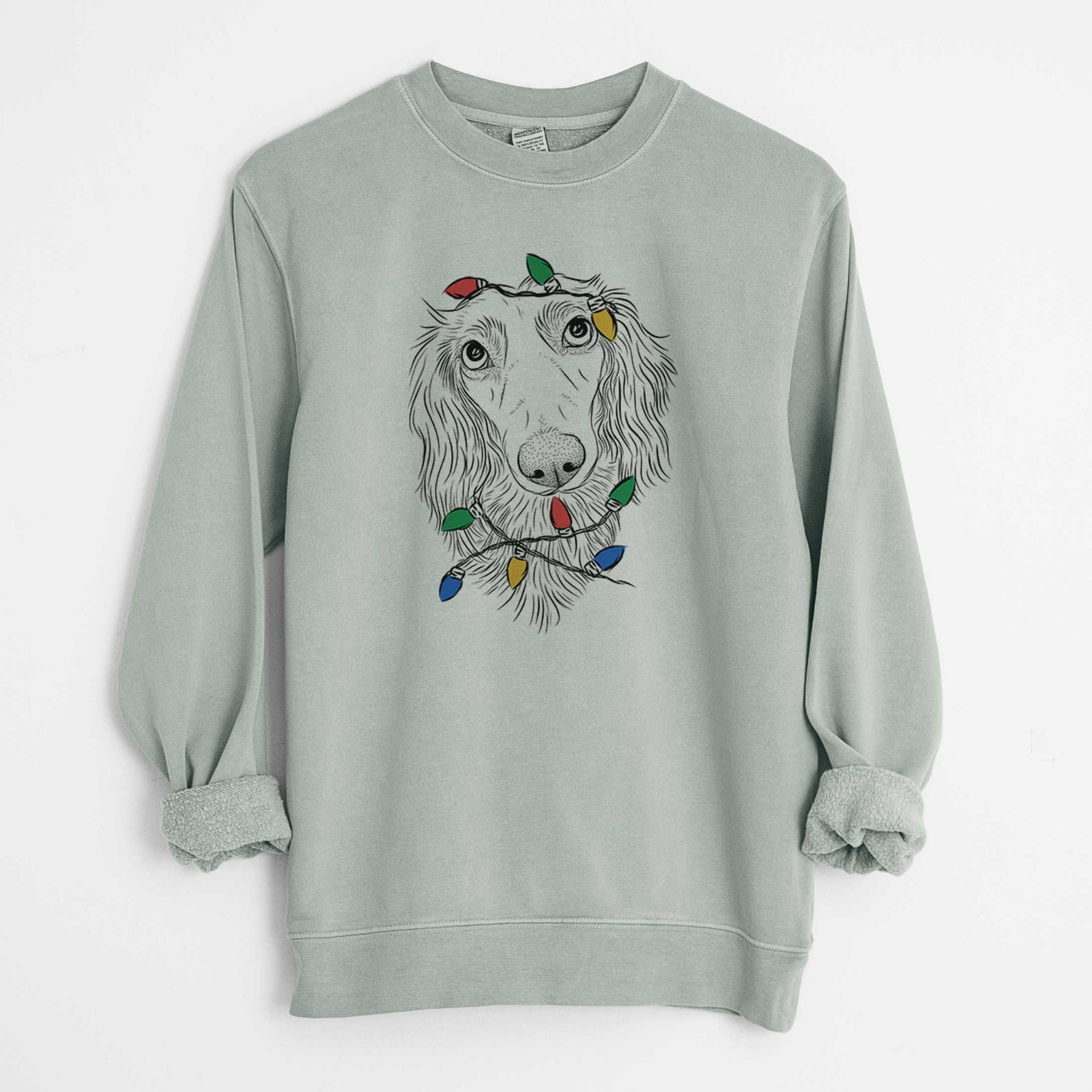 Christmas Lights Mr. Rusty the Long Haired Dachshund - Unisex Pigment Dyed Crew Sweatshirt