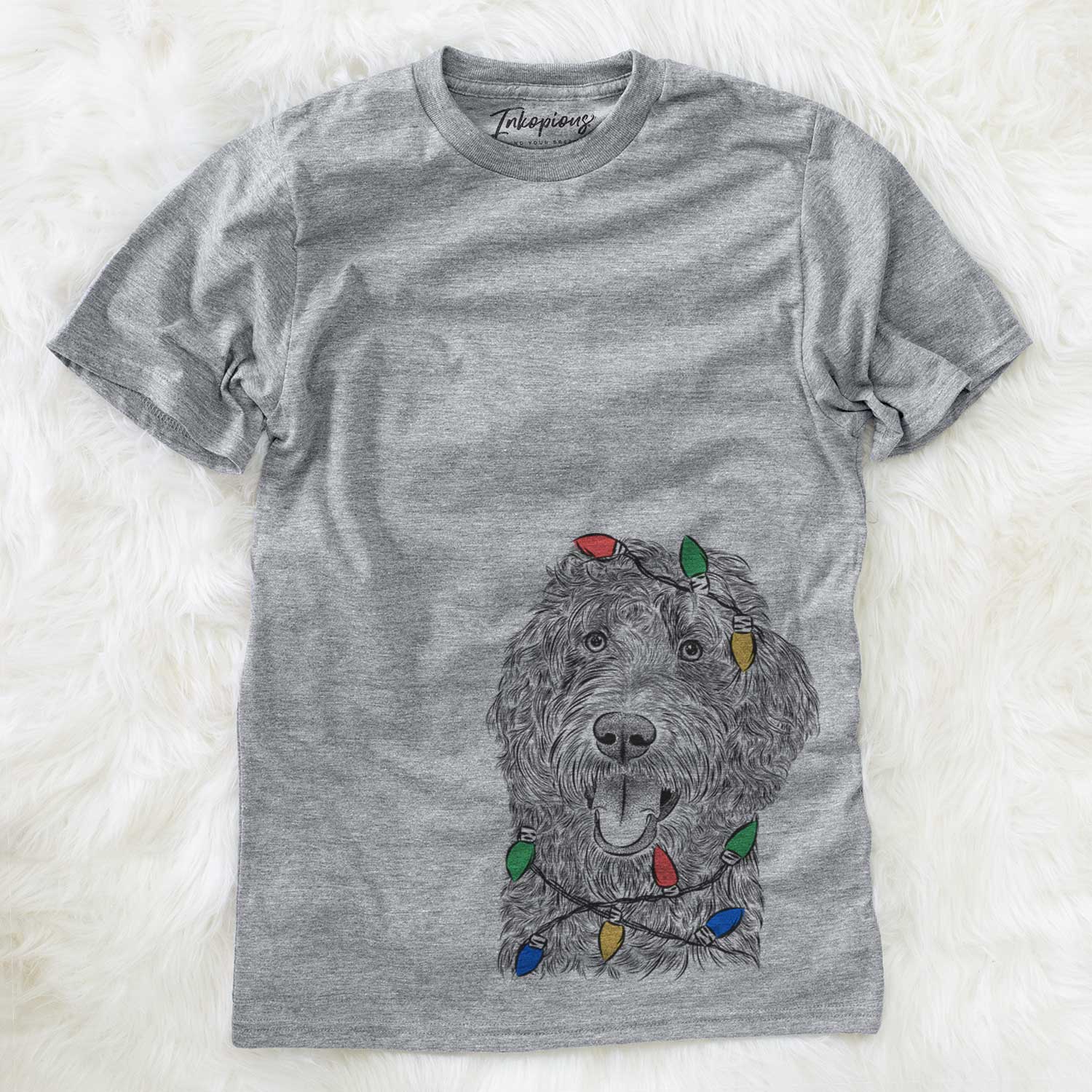 Hand-drawn sketch of Murr Dog the Labradoodle wrapped in Christmas lights on a Grey Unisex crewneck
