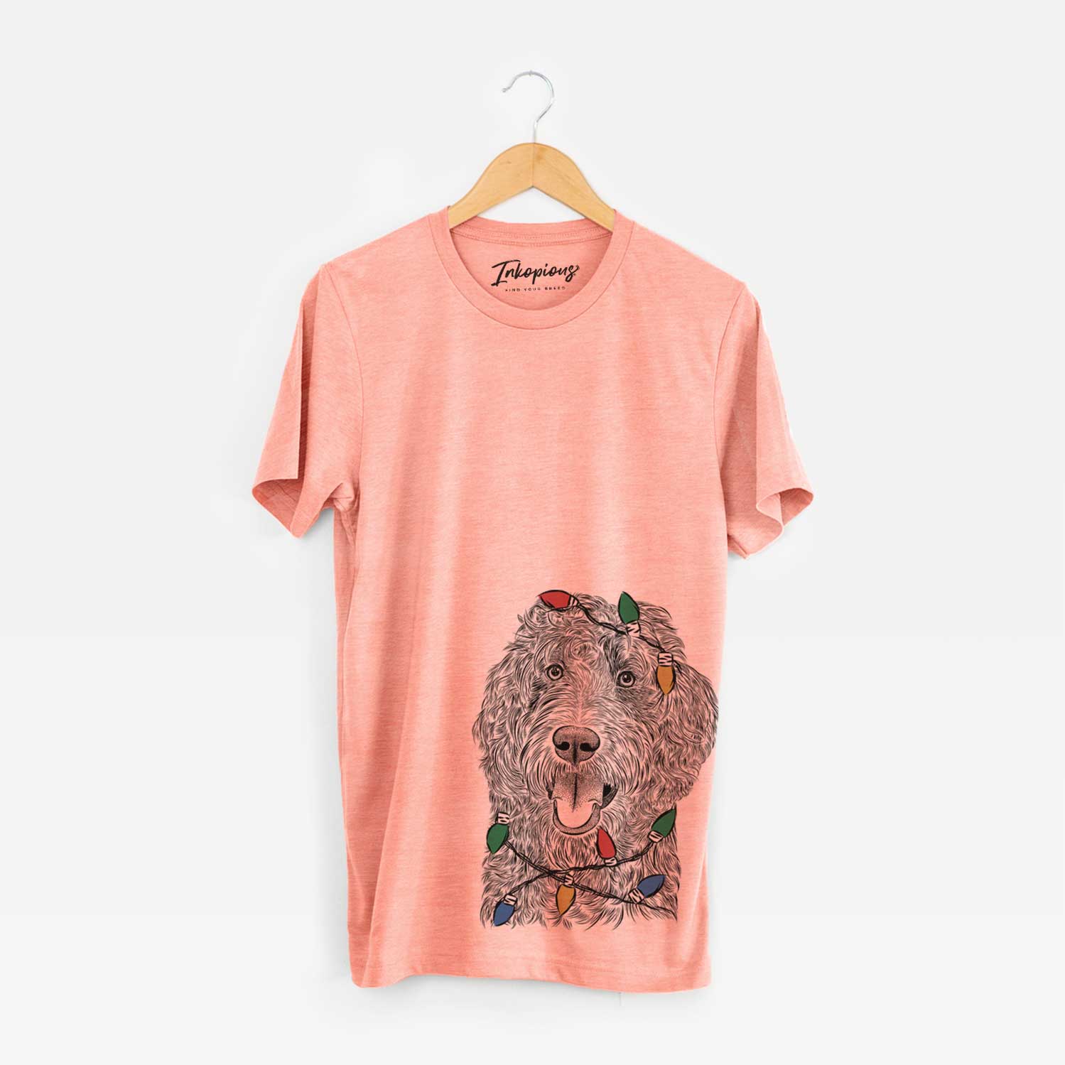 Hand-drawn sketch of Murr Dog the Labradoodle wrapped in Christmas lights on a Sunset Unisex crewneck
