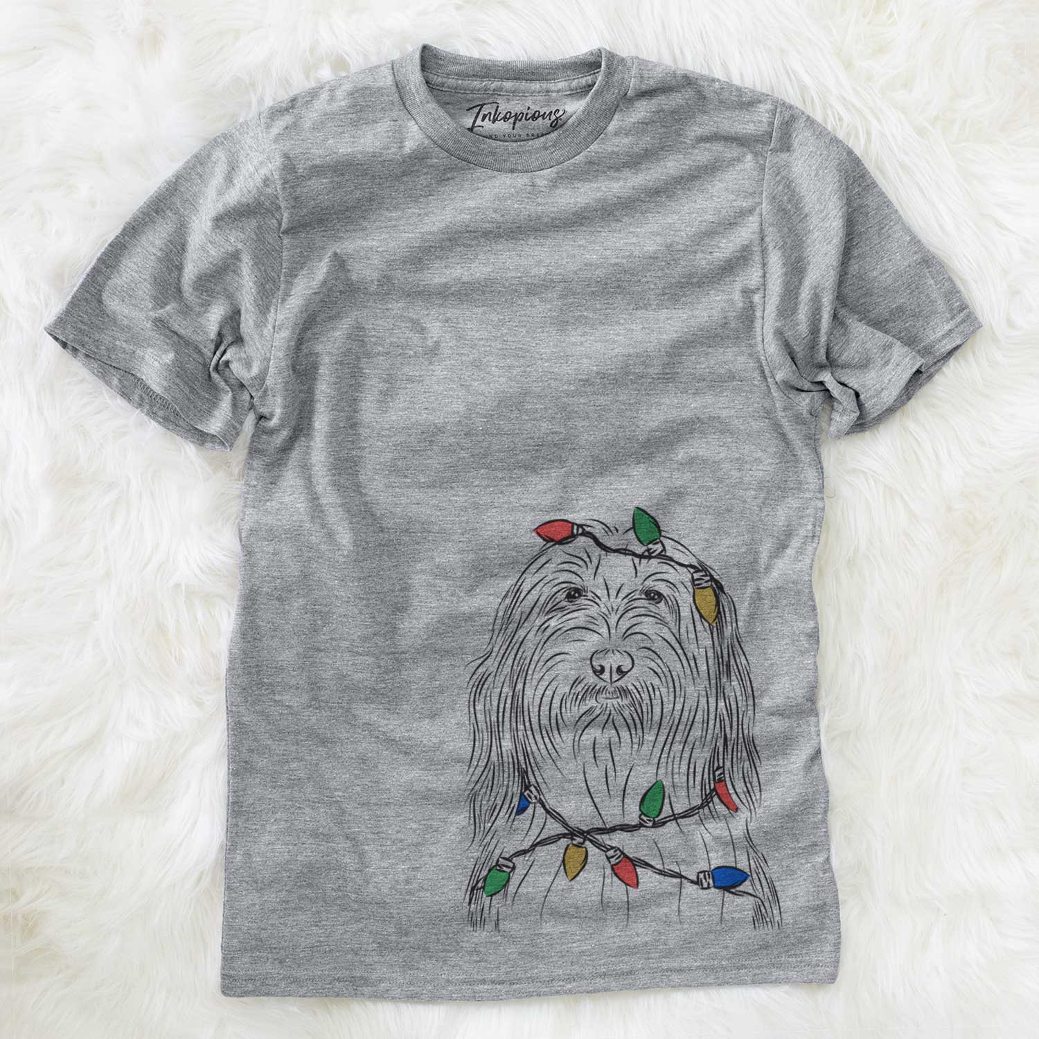 Hand-drawn sketch of Murray the Bearded Collie wrapped in Christmas lights on a Grey Unisex crewneck