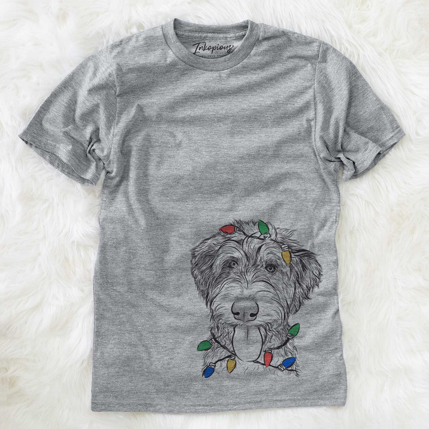 Hand-drawn sketch of Myrtle Mae the Aussiedoodle wrapped in Christmas lights on a Grey Unisex crewneck