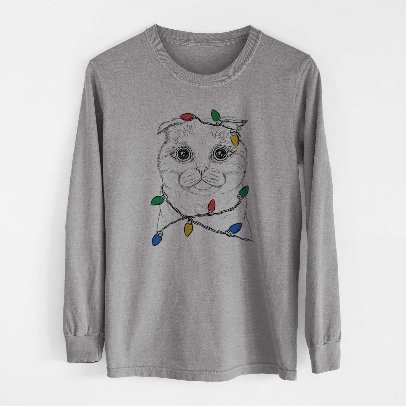 Christmas Lights Neko the Scottish Fold Cat - Heavyweight 100% Cotton Long Sleeve