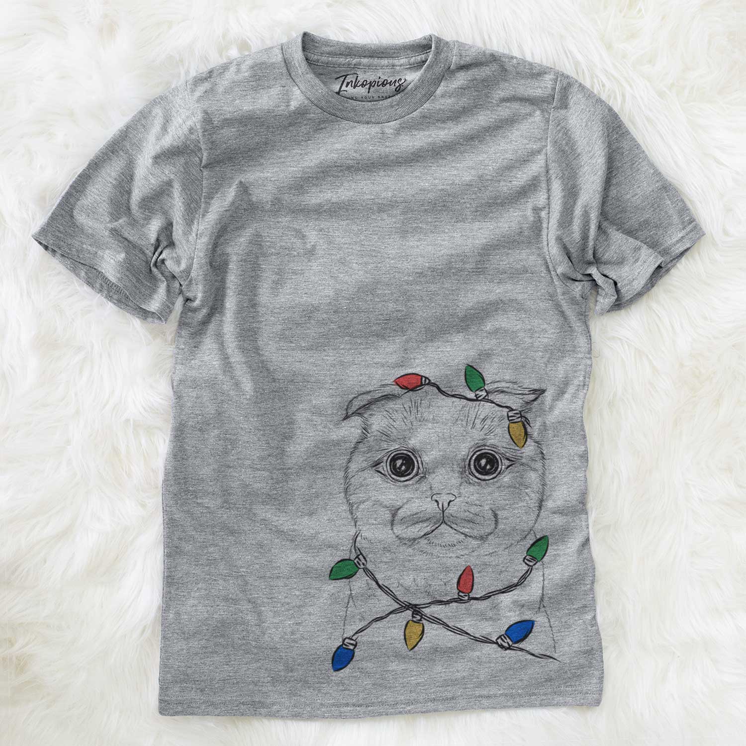 Hand-drawn sketch of Neko the Scottish Fold Cat wrapped in Christmas lights on a Grey Unisex crewneck