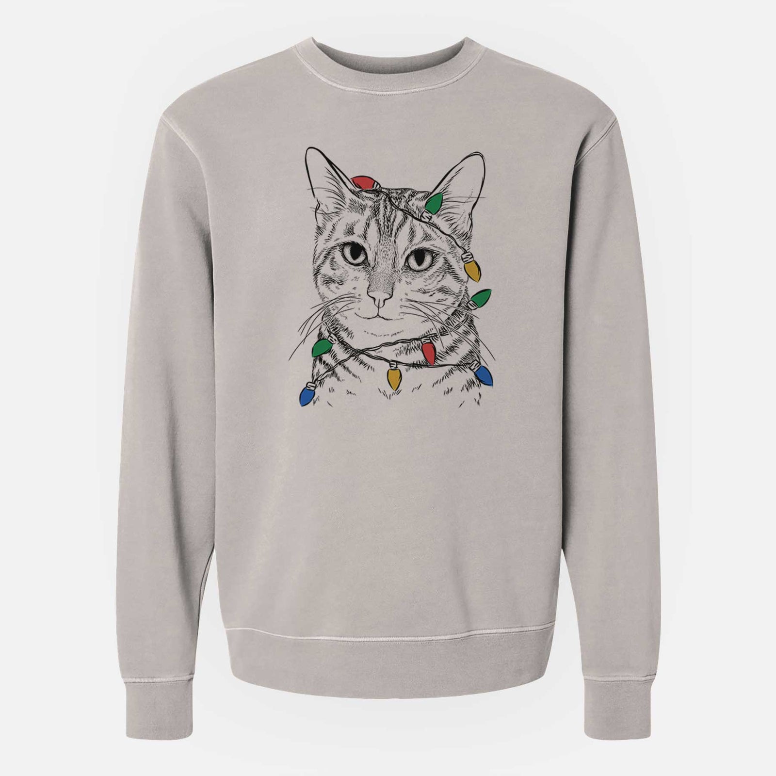Christmas Lights Nell the Tabby Cat - Unisex Pigment Dyed Crew Sweatshirt