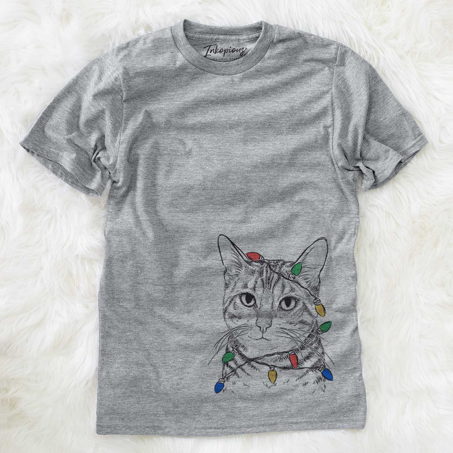 Hand-drawn sketch of Nell the Tabby Cat wrapped in Christmas lights on a Grey Unisex crewneck