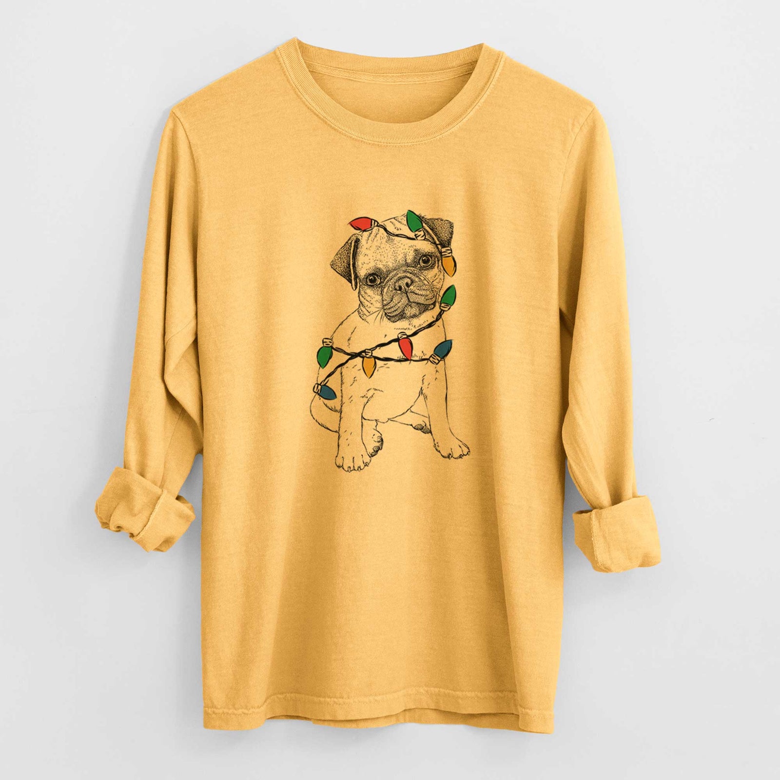 Christmas Lights Nelson the Pug Puppy - Heavyweight 100% Cotton Long Sleeve