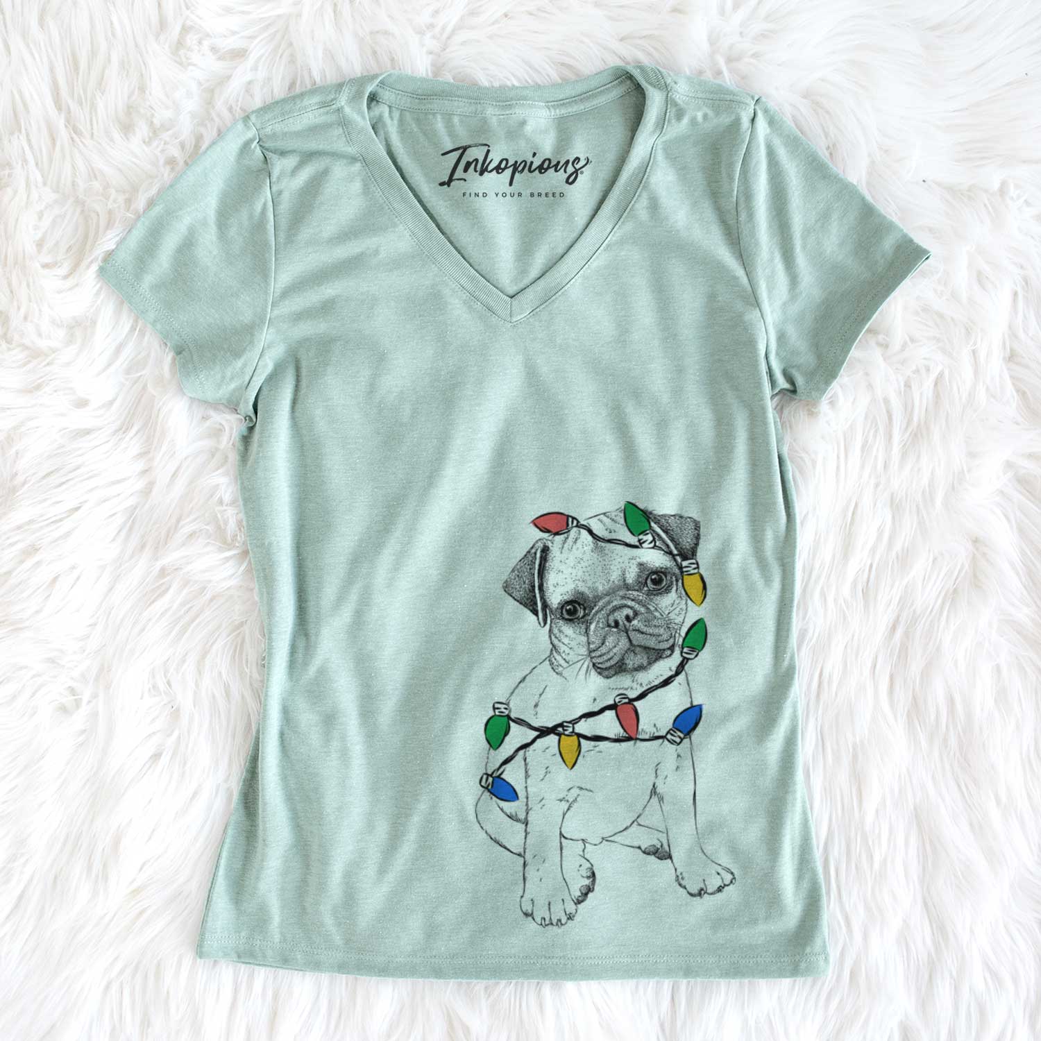 Christmas Lights Nelson the Pug Puppy - Women's V-neck Shirt