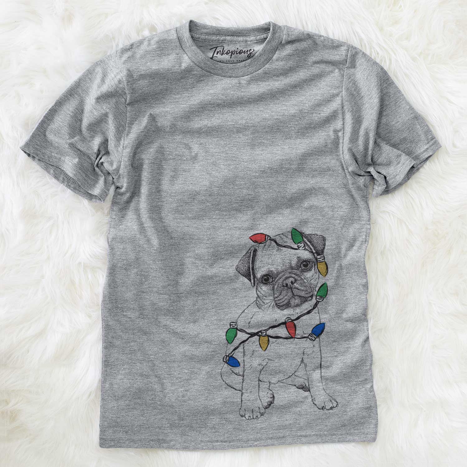 Hand-drawn sketch of Nelson the Pug Puppy wrapped in Christmas lights on a Grey Unisex crewneck