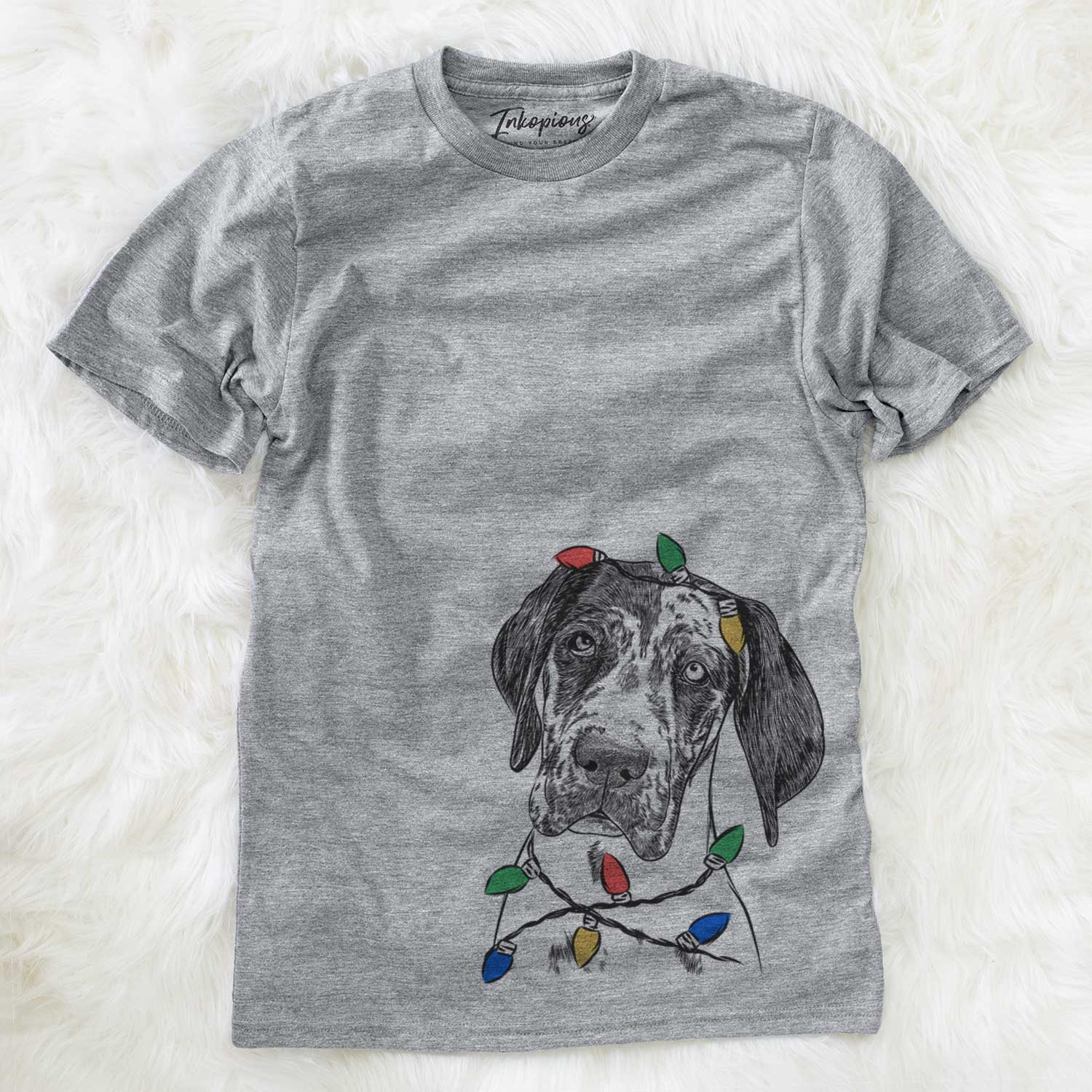 Hand-drawn sketch of Nyx the Great Dane wrapped in Christmas lights on a Grey Unisex crewneck