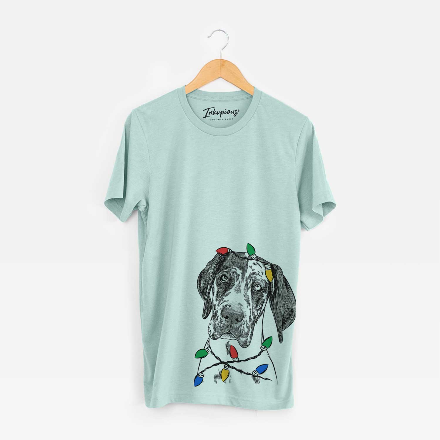 Hand-drawn sketch of Nyx the Great Dane wrapped in Christmas lights on a Heather Sage Unisex crewneck