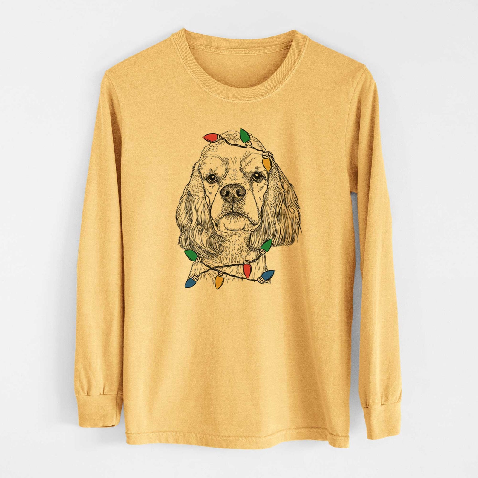 Christmas Lights Oakley the American Cocker Spaniel - Heavyweight 100% Cotton Long Sleeve