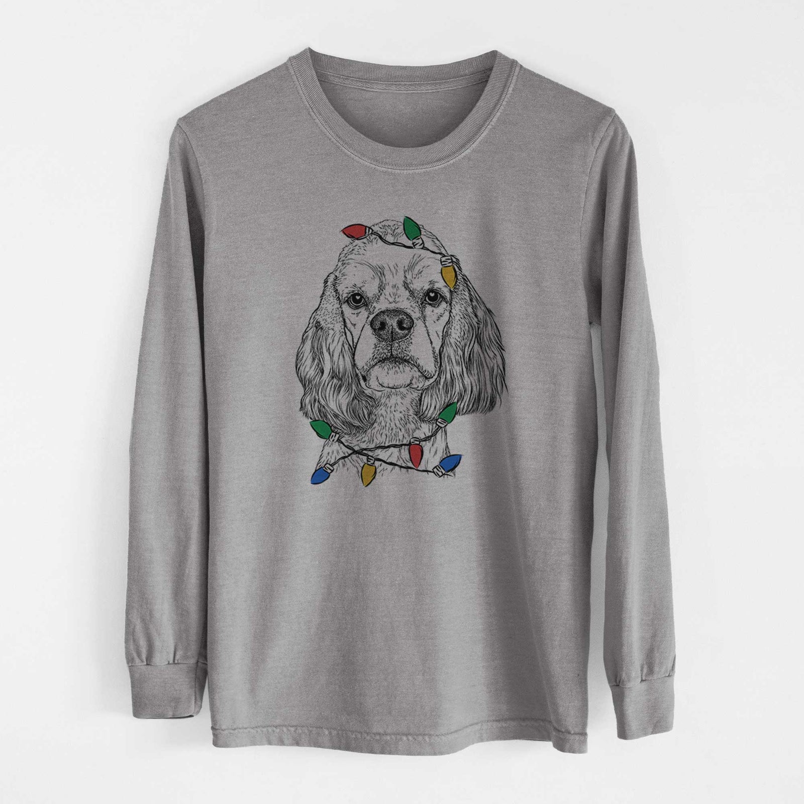 Christmas Lights Oakley the American Cocker Spaniel - Heavyweight 100% Cotton Long Sleeve