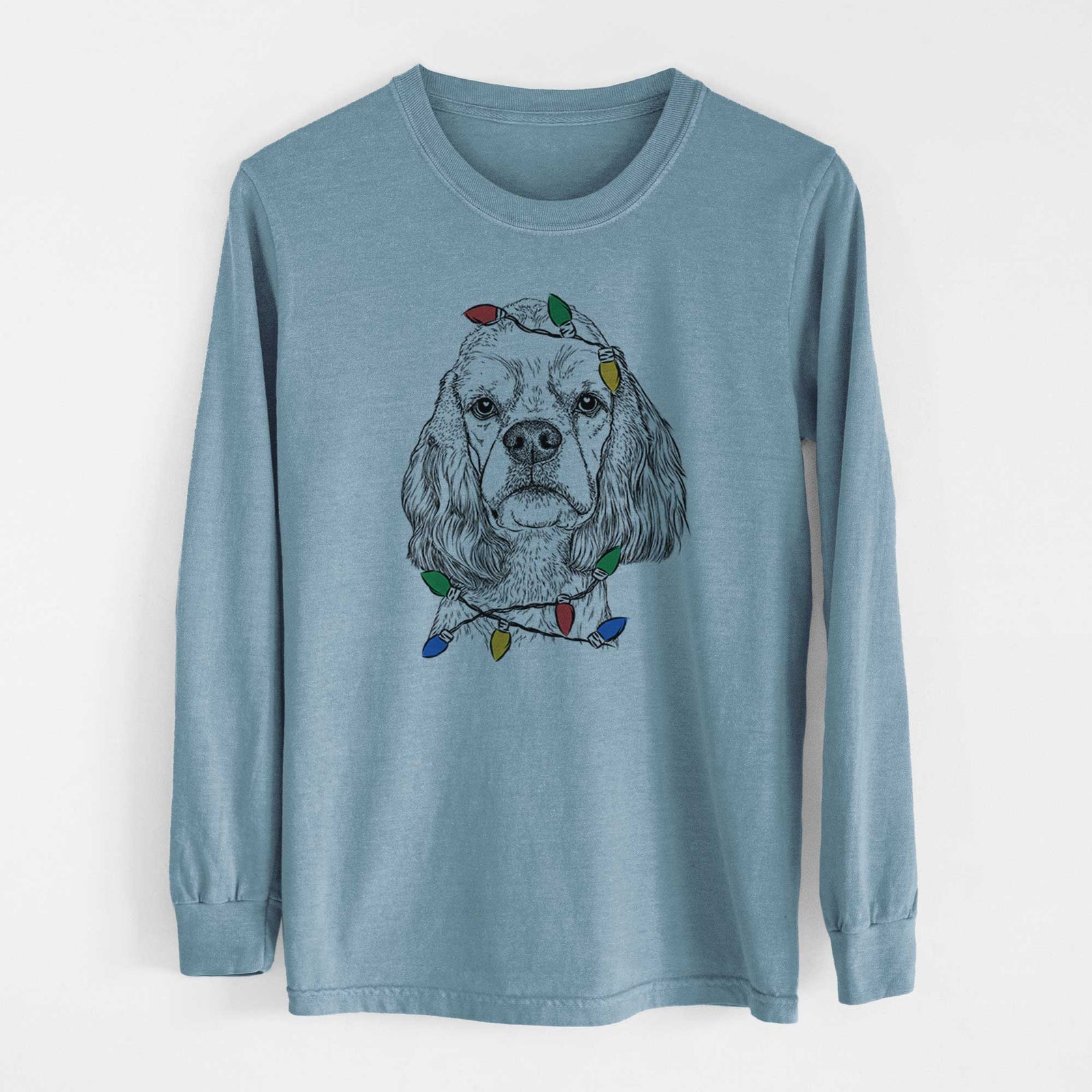 Christmas Lights Oakley the American Cocker Spaniel - Heavyweight 100% Cotton Long Sleeve