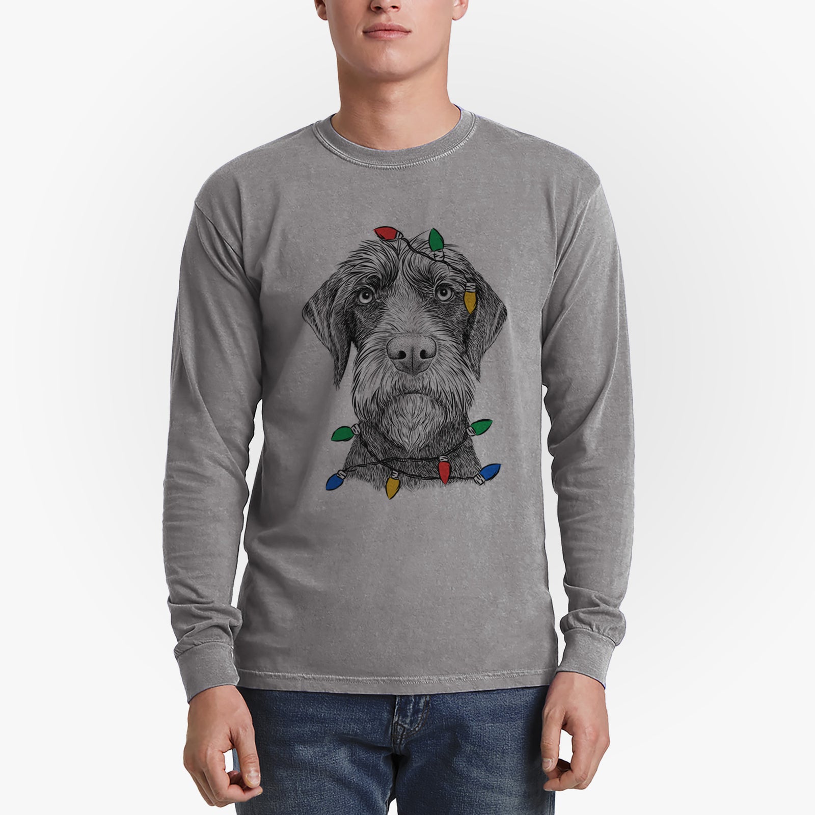 Christmas Lights Oakley the Pudelpointer - Heavyweight 100% Cotton Long Sleeve