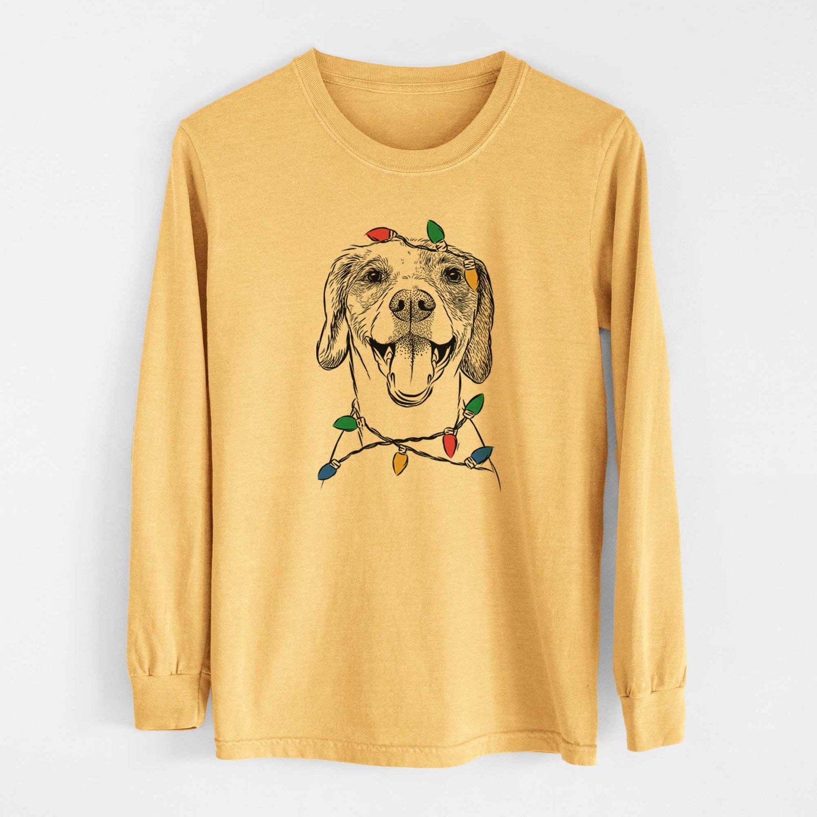 Christmas Lights Obi the Beagle Mix - Heavyweight 100% Cotton Long Sleeve