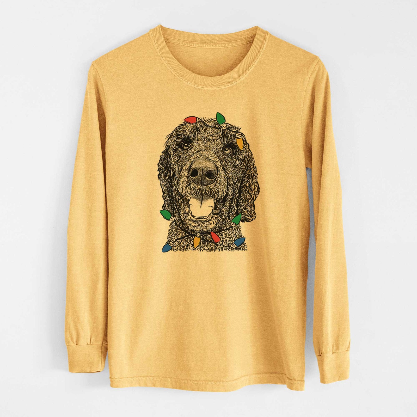 Christmas Lights Obi James the Goldendoodle - Heavyweight 100% Cotton Long Sleeve