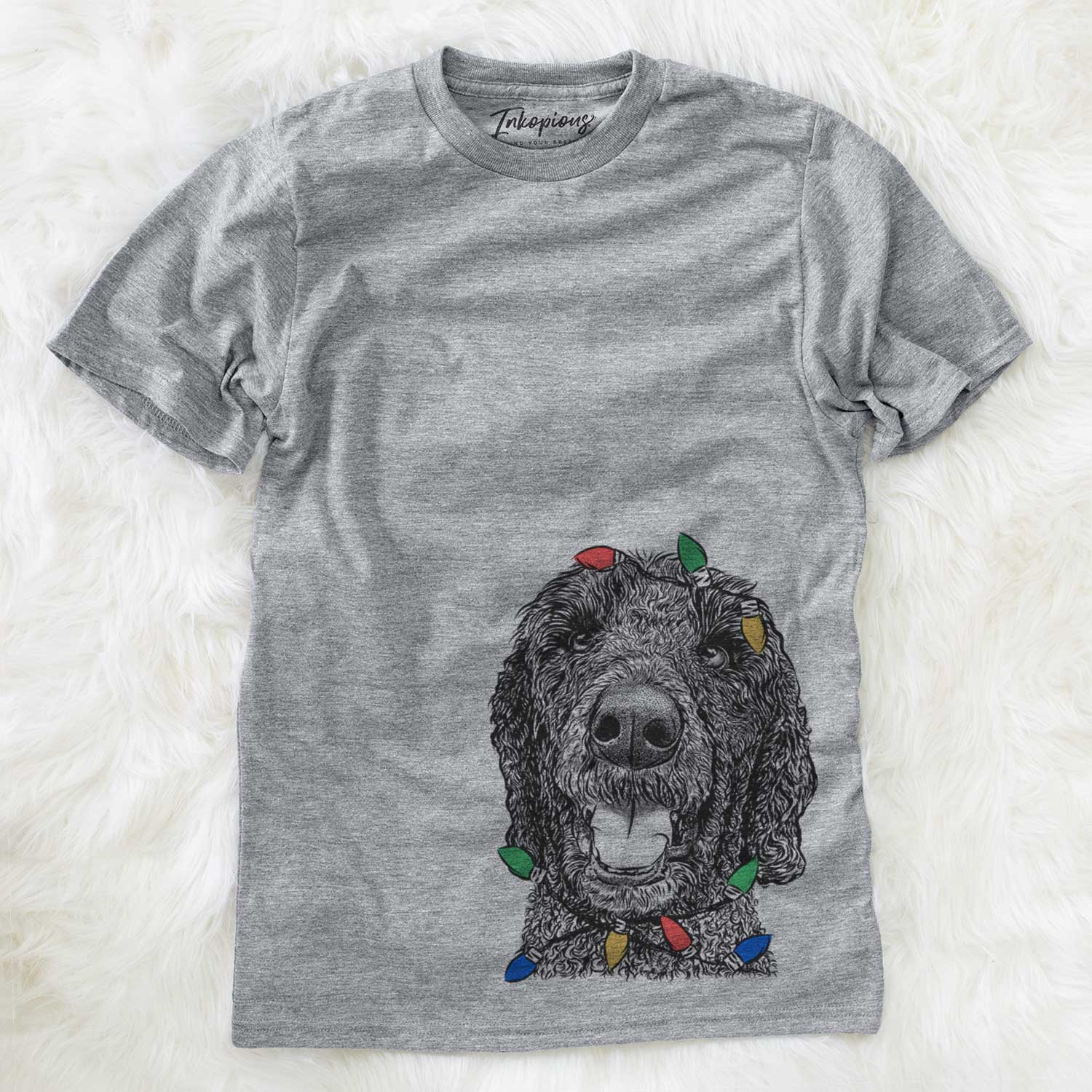 Hand-drawn sketch of Obi James the Goldendoodle wrapped in Christmas lights on a Grey Unisex crewneck