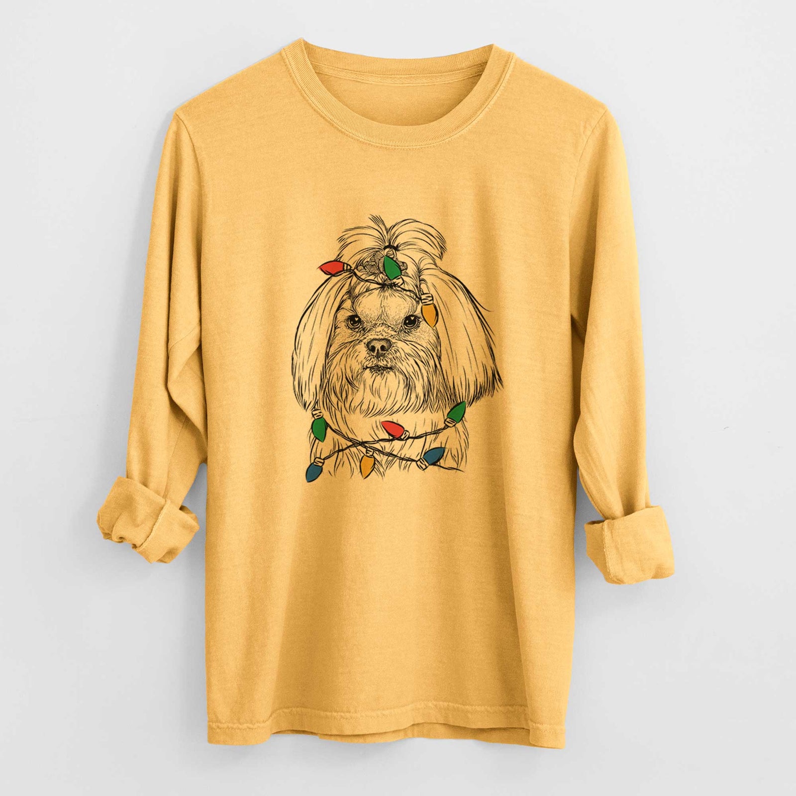 Christmas Lights Olga the Shih Tzu - Heavyweight 100% Cotton Long Sleeve