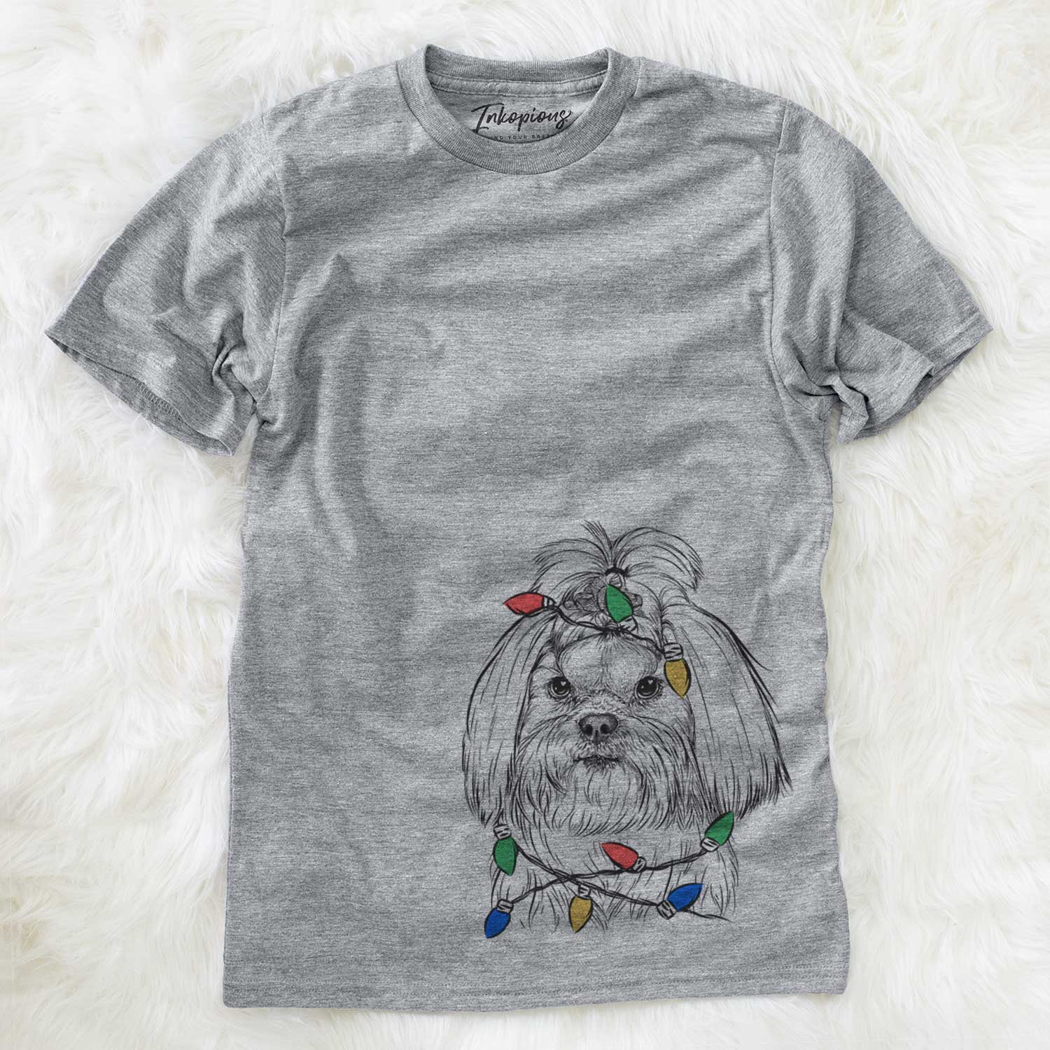 Hand-drawn sketch of Olga the Shih Tzu wrapped in Christmas lights on a Grey Unisex crewneck