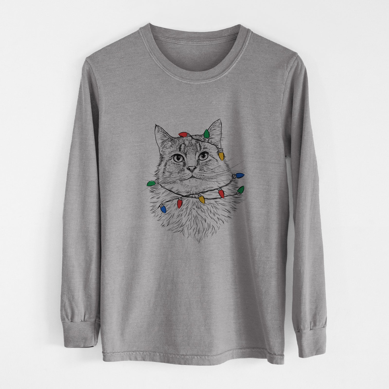 Christmas Lights Olive the Cat - Heavyweight 100% Cotton Long Sleeve