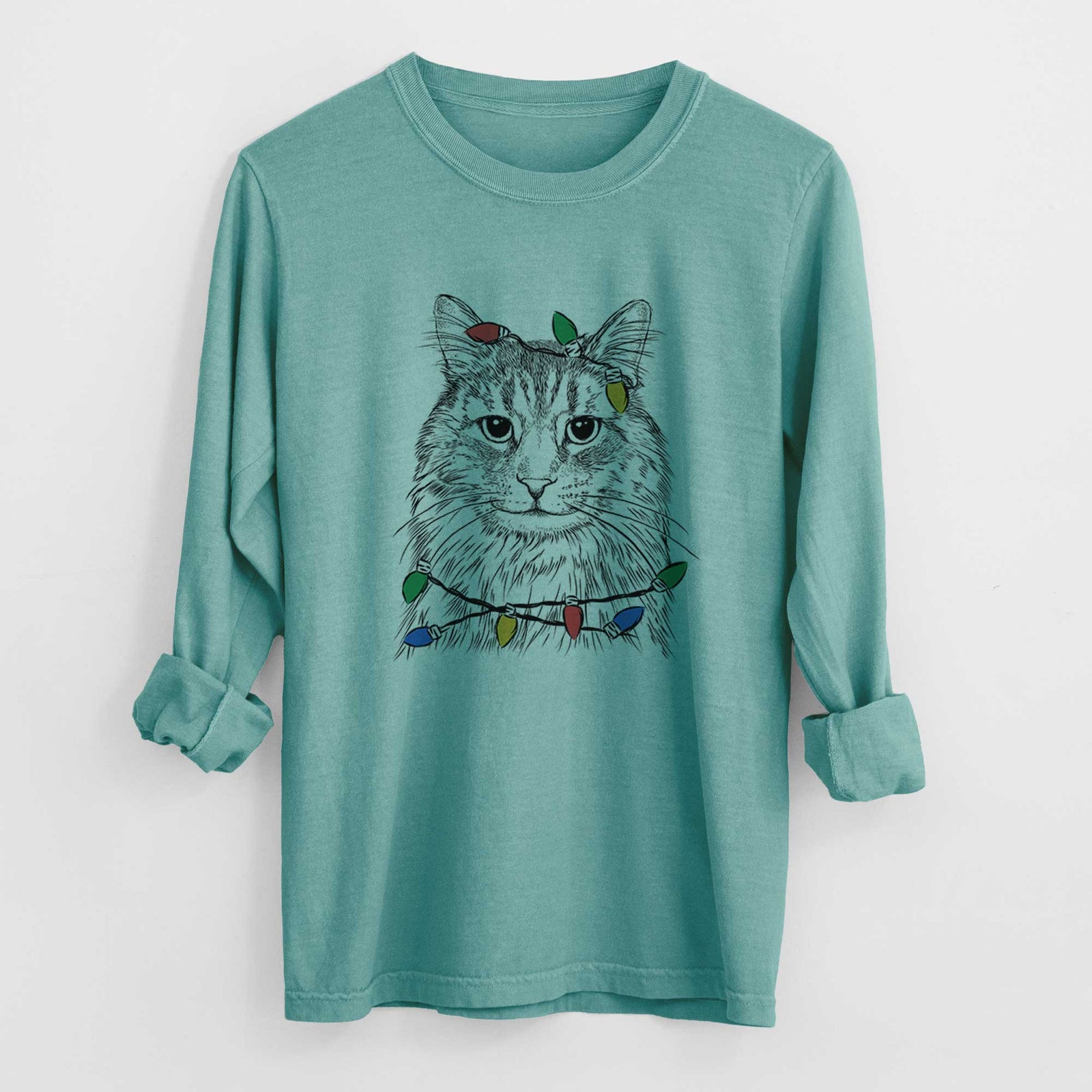 Christmas Lights Oliver Fluff the Maine Coon Mix Cat - Heavyweight 100% Cotton Long Sleeve