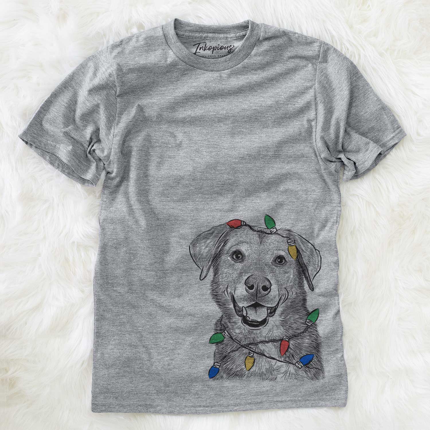 Hand-drawn sketch of Oliver the Mixed Breed wrapped in Christmas lights on a Grey Unisex crewneck