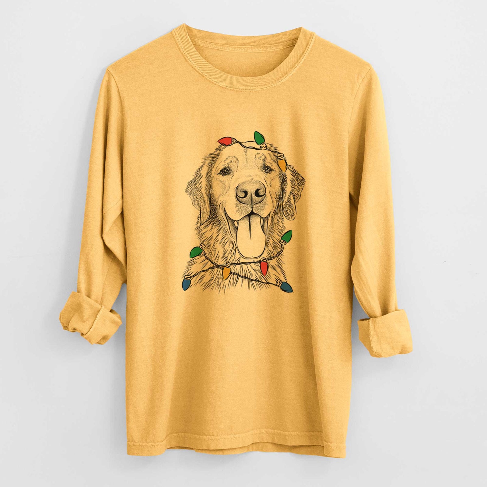 Christmas Lights Oliver Tredup the Golden Retriever - Heavyweight 100% Cotton Long Sleeve