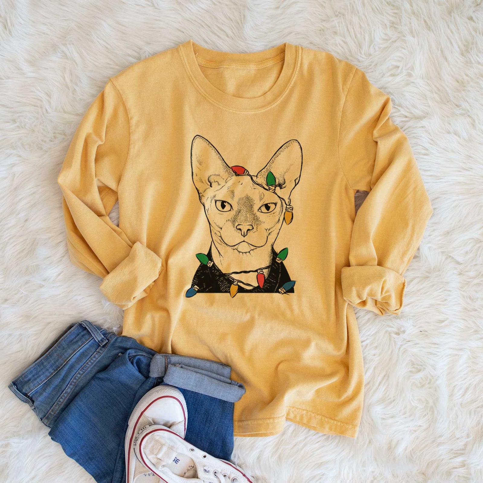 Christmas Lights Oliver Watson the Sphynx Cat - Heavyweight 100% Cotton Long Sleeve