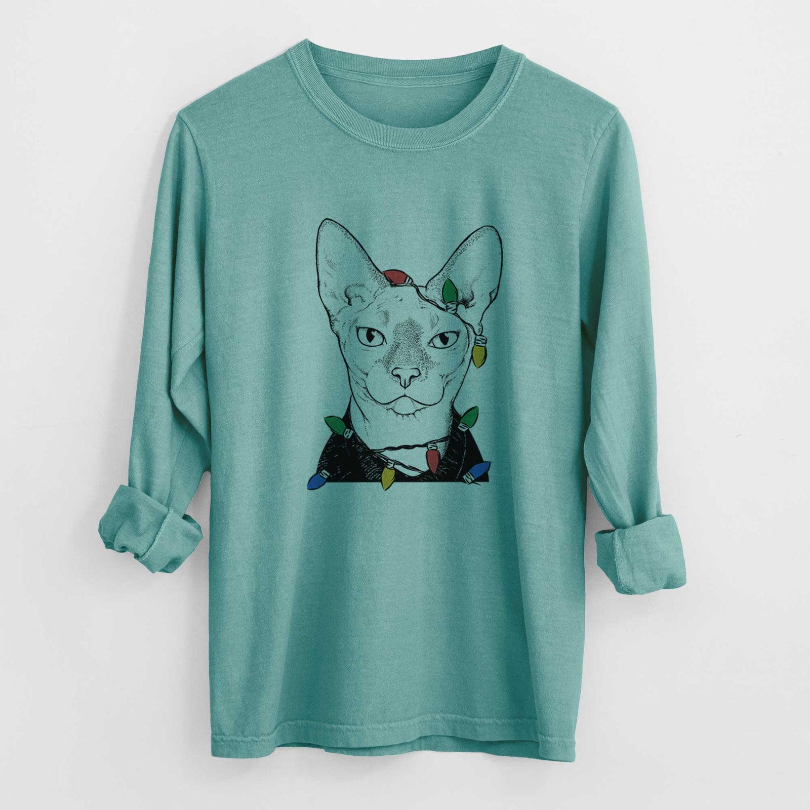 Christmas Lights Oliver Watson the Sphynx Cat - Heavyweight 100% Cotton Long Sleeve