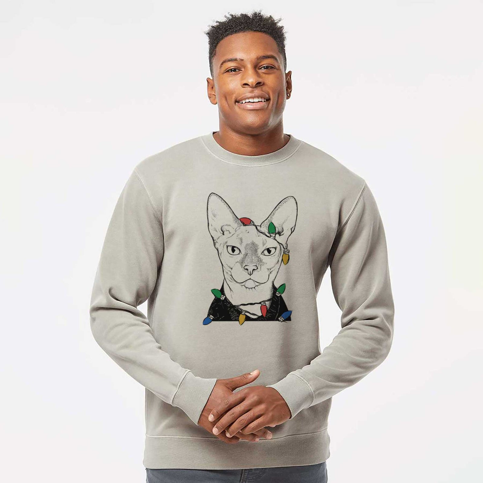 Christmas Lights Oliver Watson the Sphynx Cat - Unisex Pigment Dyed Crew Sweatshirt