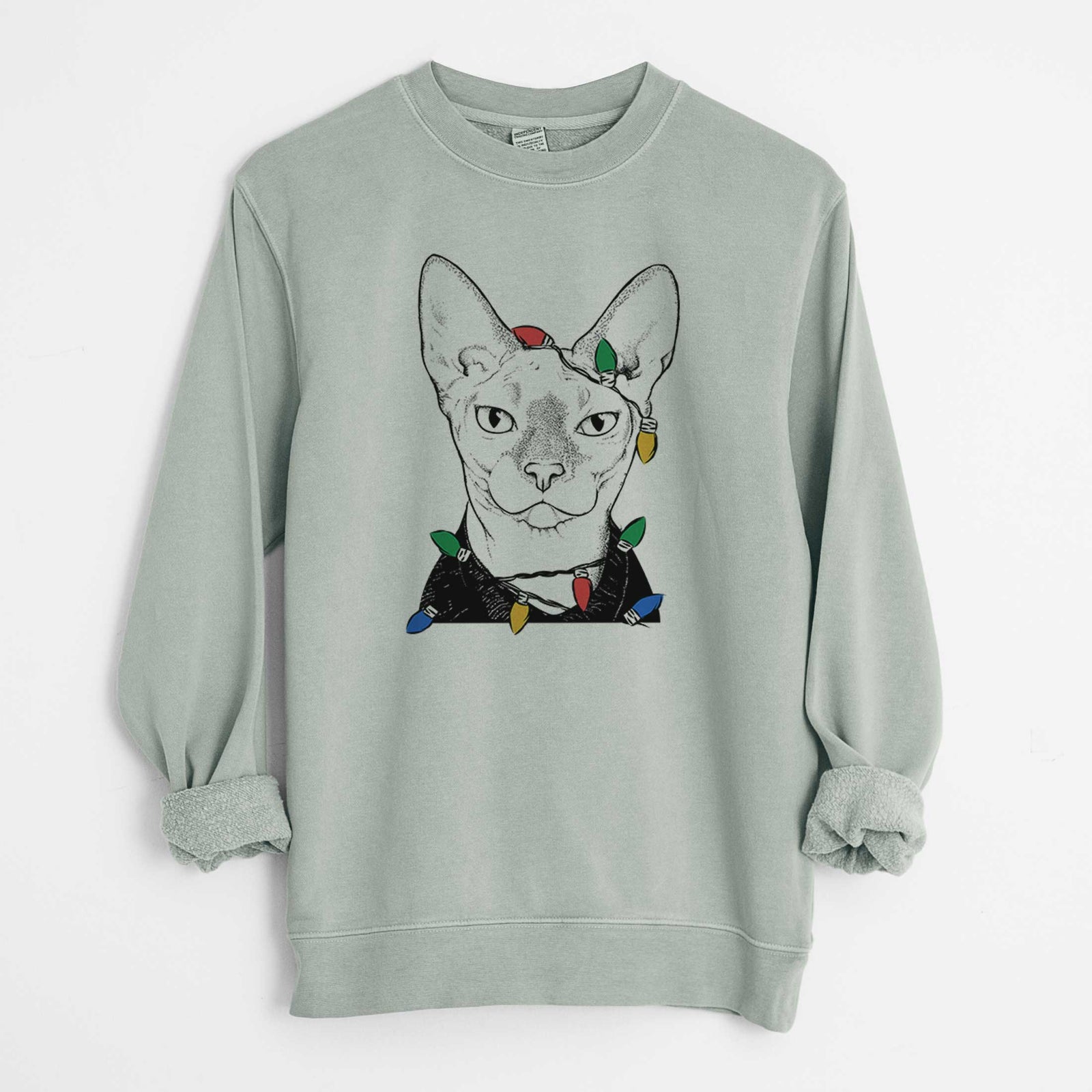 Christmas Lights Oliver Watson the Sphynx Cat - Unisex Pigment Dyed Crew Sweatshirt