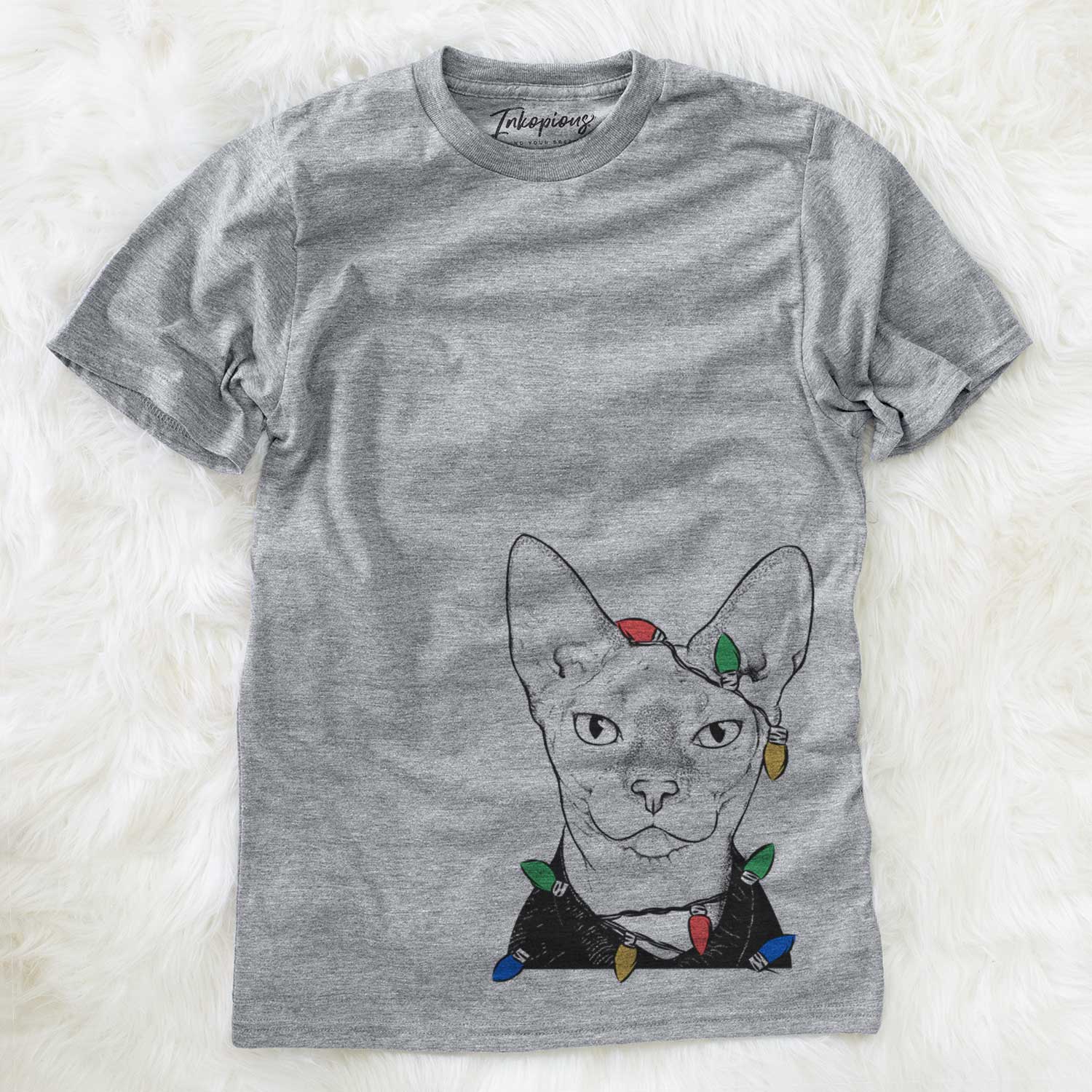 Hand-drawn sketch of Oliver Watson the Sphynx Cat wrapped in Christmas lights on a Grey Unisex crewneck