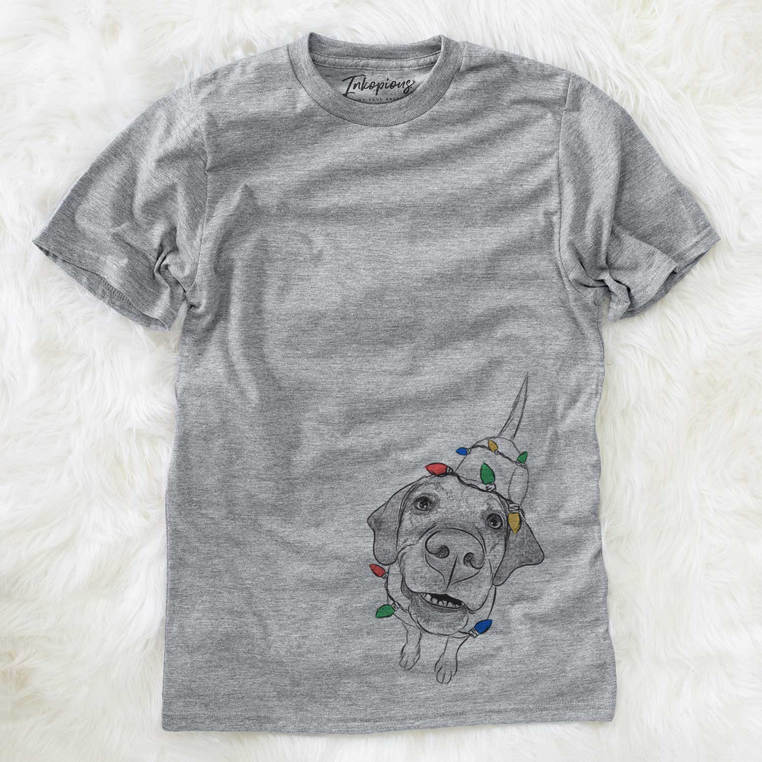 Hand-drawn sketch of Oquirrh the Vizsla wrapped in Christmas lights on a Grey Unisex crewneck