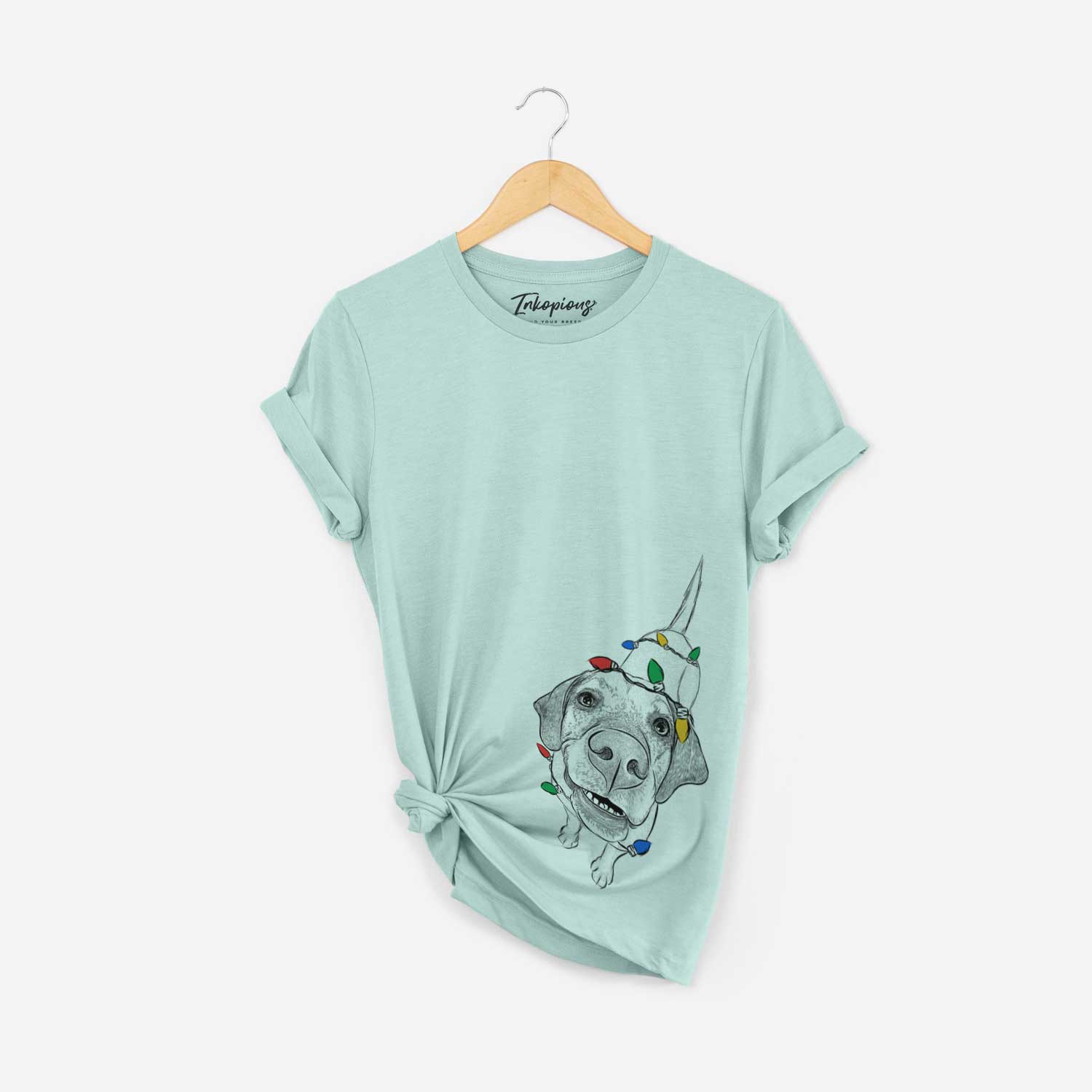 Hand-drawn sketch of Oquirrh the Vizsla wrapped in Christmas lights on a Heather Sage Unisex crewneck